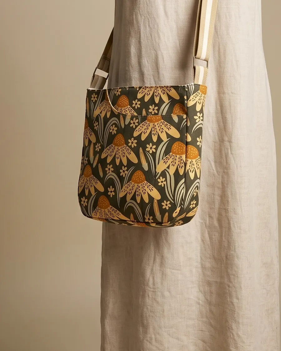 CrossBody Handbag - Olive Coneflower worn crossbody on a display form