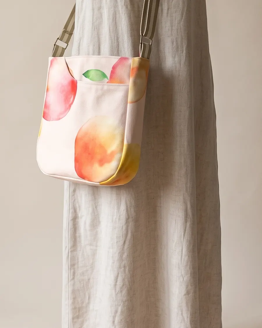 CrossBody Handbag - Cream Large Peach worn crossbody on a display form