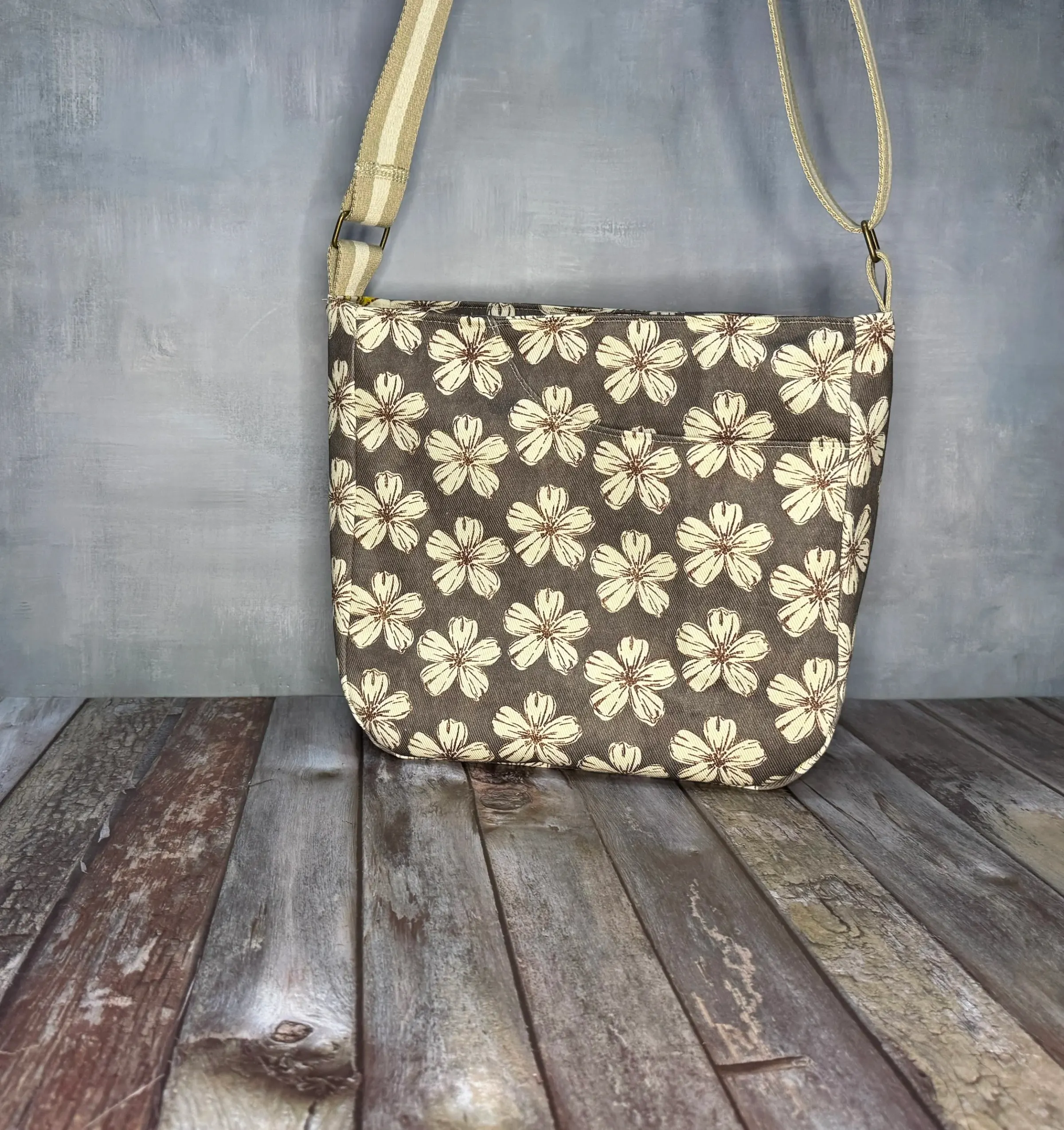 CrossBody Handbag - Brown Cream Floral — handmade canvas bag, cut and sewn by hand in South Carolina