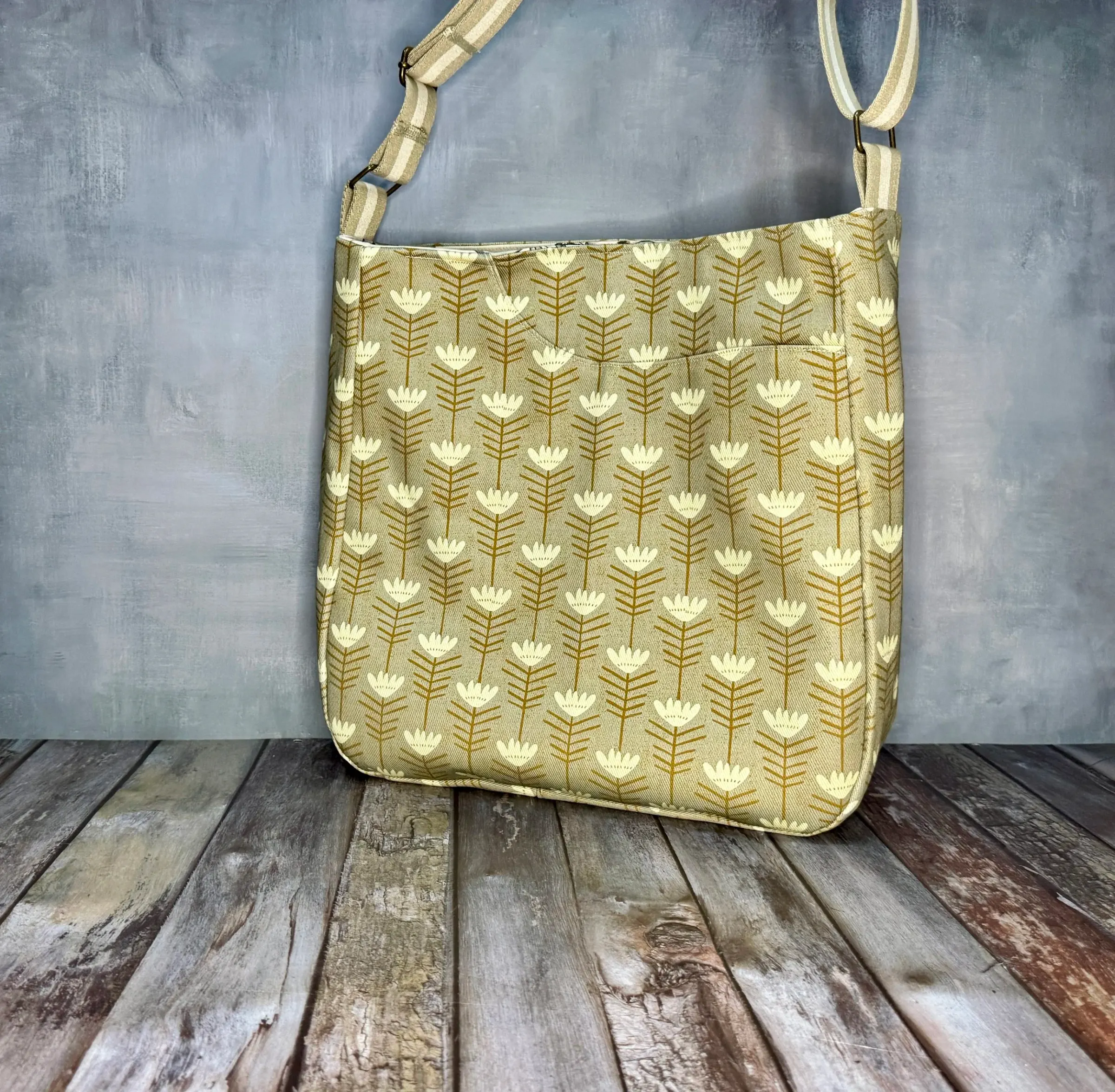 Large Crossbody Tote Bag - Sage Mid Mod Tulip — handmade canvas bag, cut and sewn by hand in South Carolina