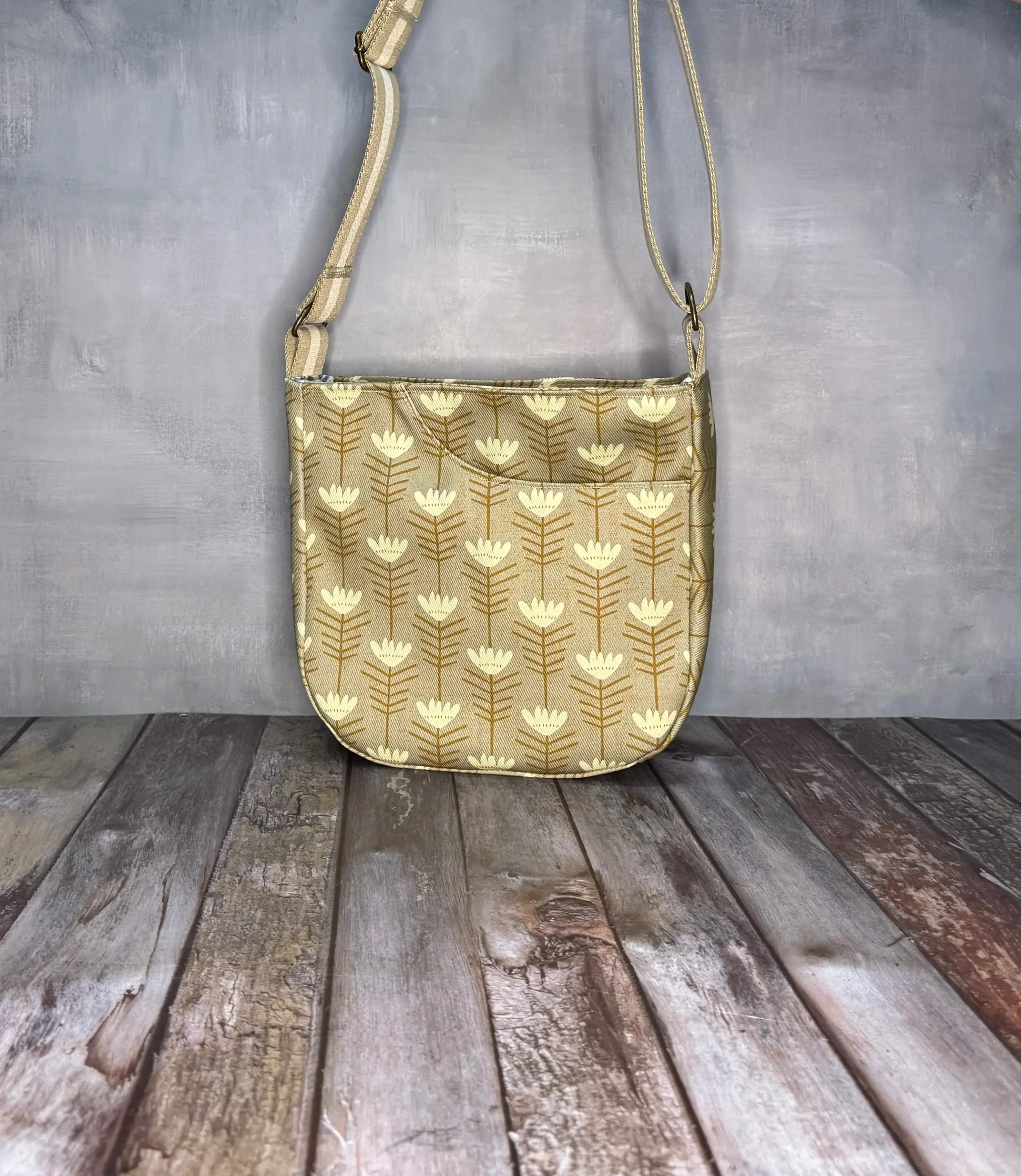 Cross Body Mini Tote - Tan Mid Mod Tulip — handmade canvas bag, cut and sewn by hand in South Carolina