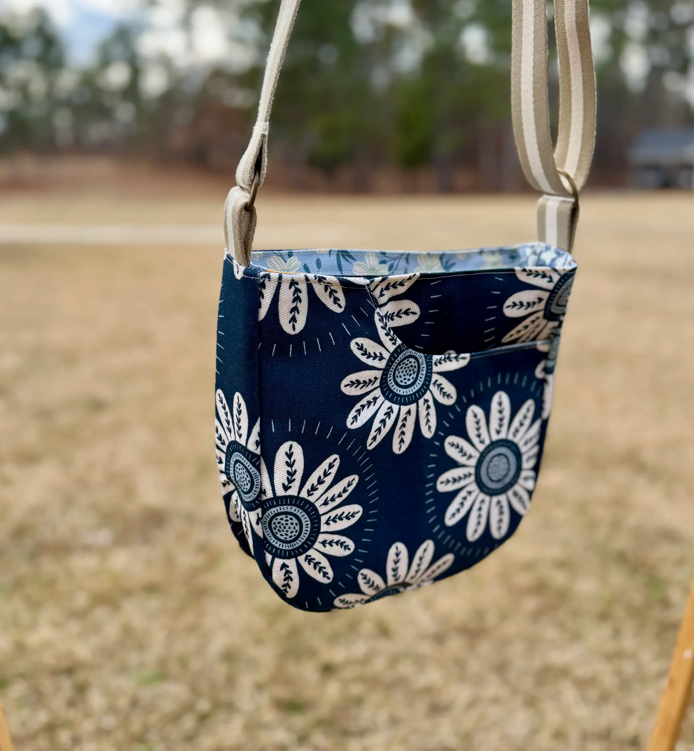 Cross Body Mini Tote - Navy White Daisy — handmade canvas bag, cut and sewn by hand in South Carolina