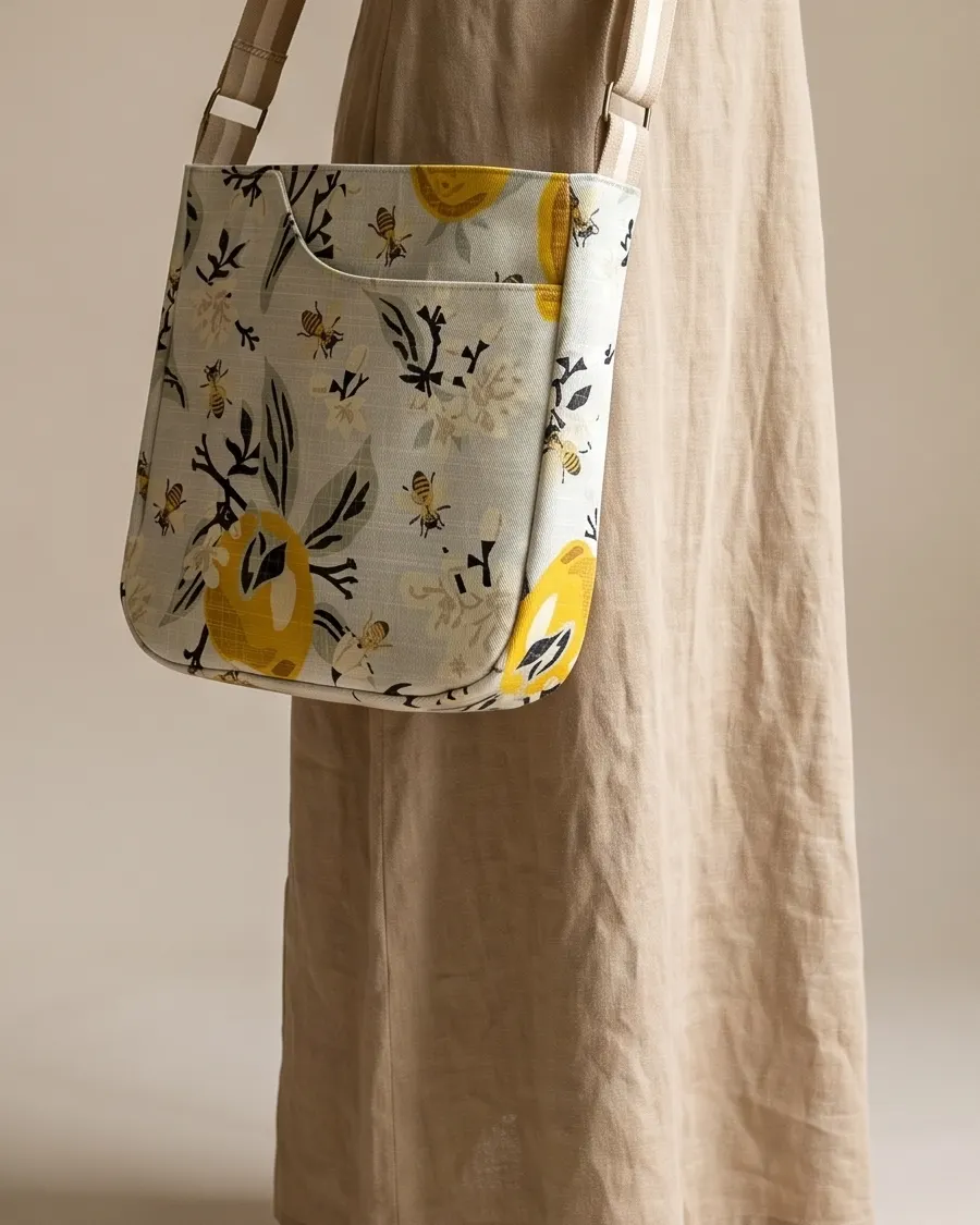 CrossBody Handbag - Cream Lemon Bee worn crossbody on a display form