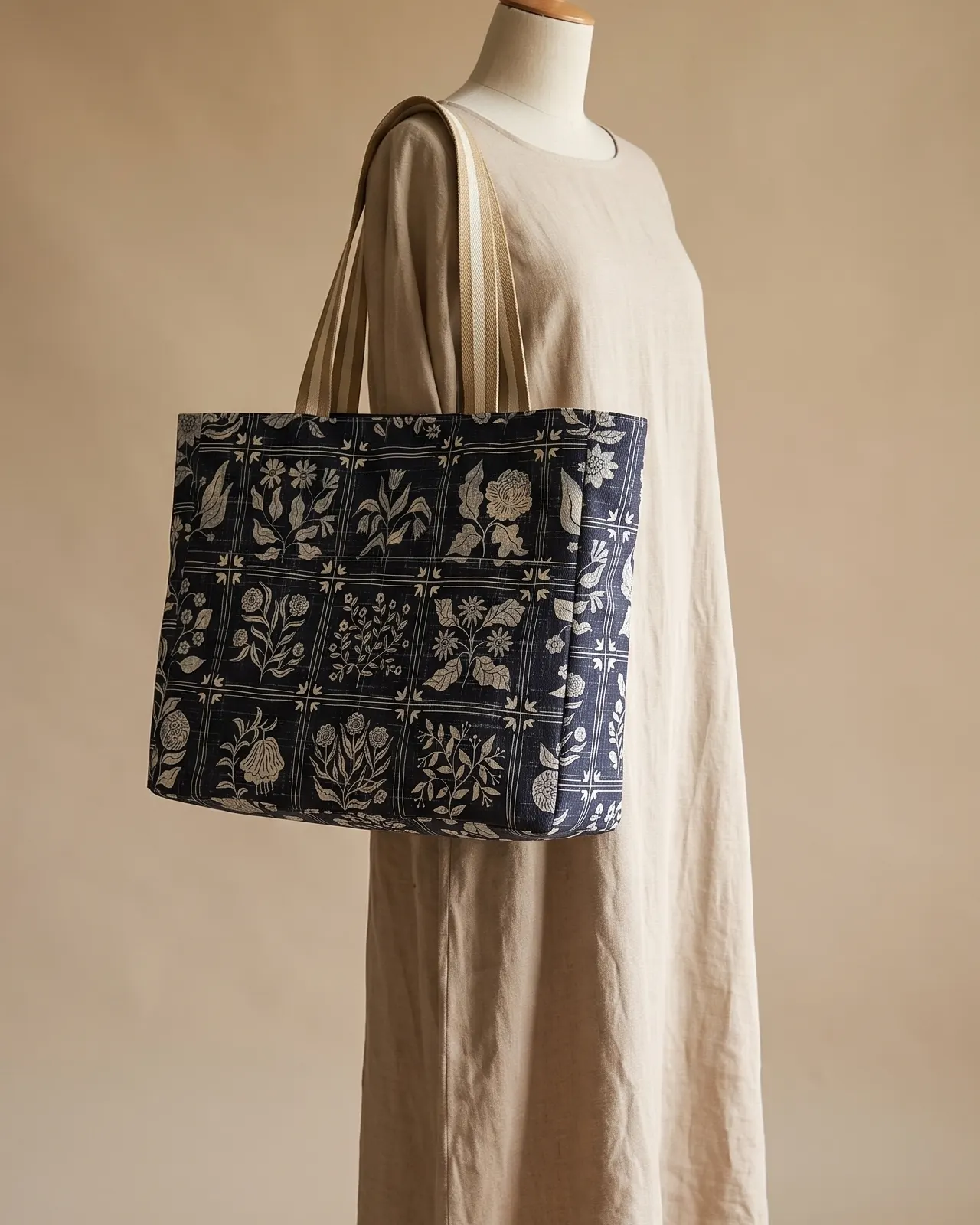 Large Tote Bag Zipper - Block Navy Beige Floral worn on the shoulder on a display form