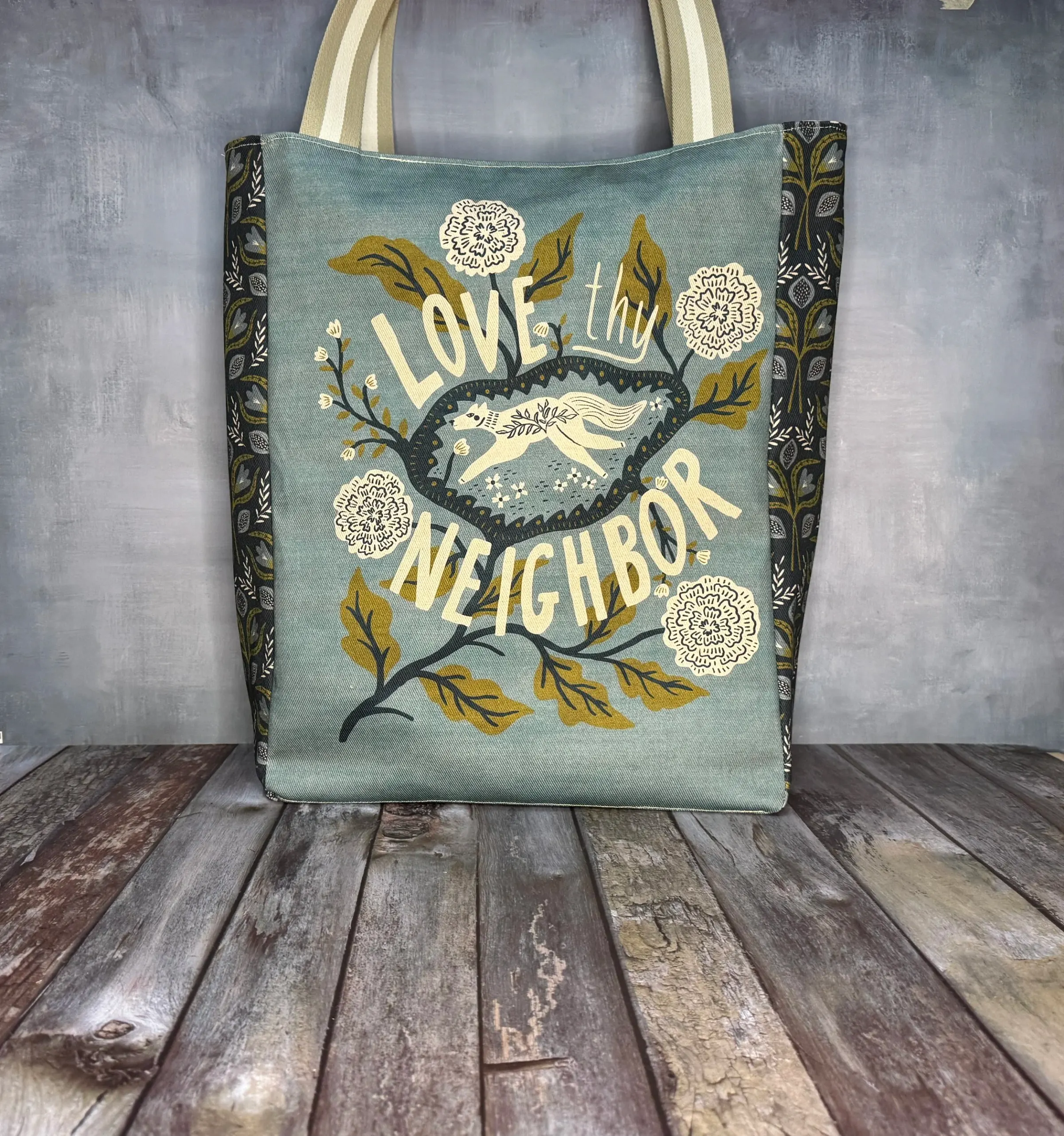 Medium Tote Bag - Teal Folk Statement — handmade canvas bag, cut and sewn by hand in South Carolina