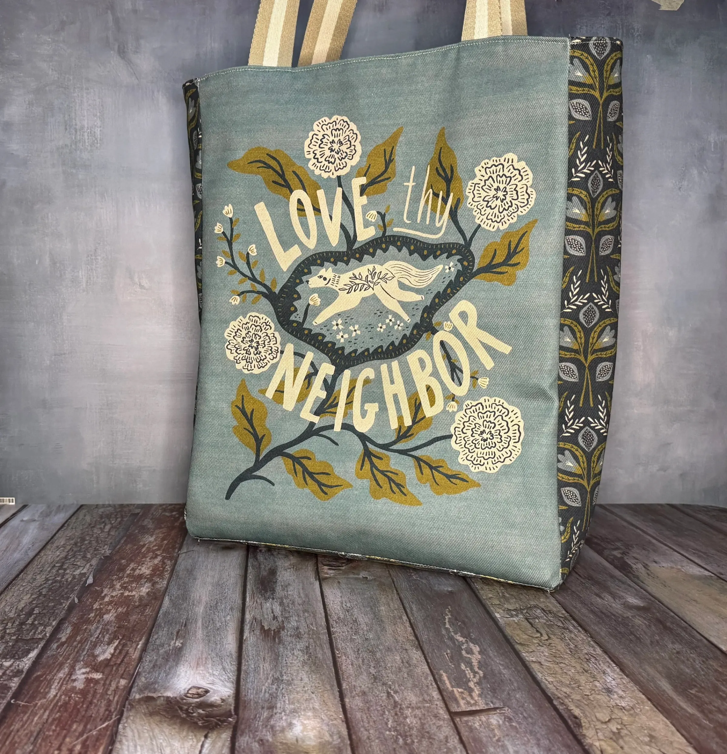 Medium Tote Bag - Mustard Teal Folk Statement — handmade canvas bag, cut and sewn by hand in South Carolina