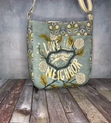 Large Crossbody Tote Bag - Blue Folk Art — handmade canvas bag, cut and sewn by hand in South Carolina