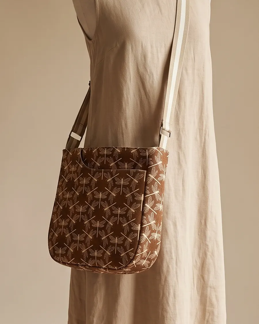 CrossBody Handbag - Brown Dragonfly worn crossbody on a display form