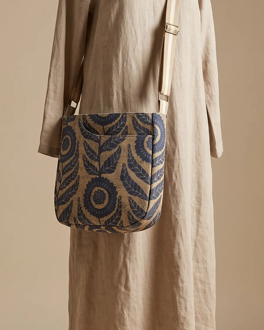 CrossBody Handbag - Tan Sunflower worn crossbody on a display form