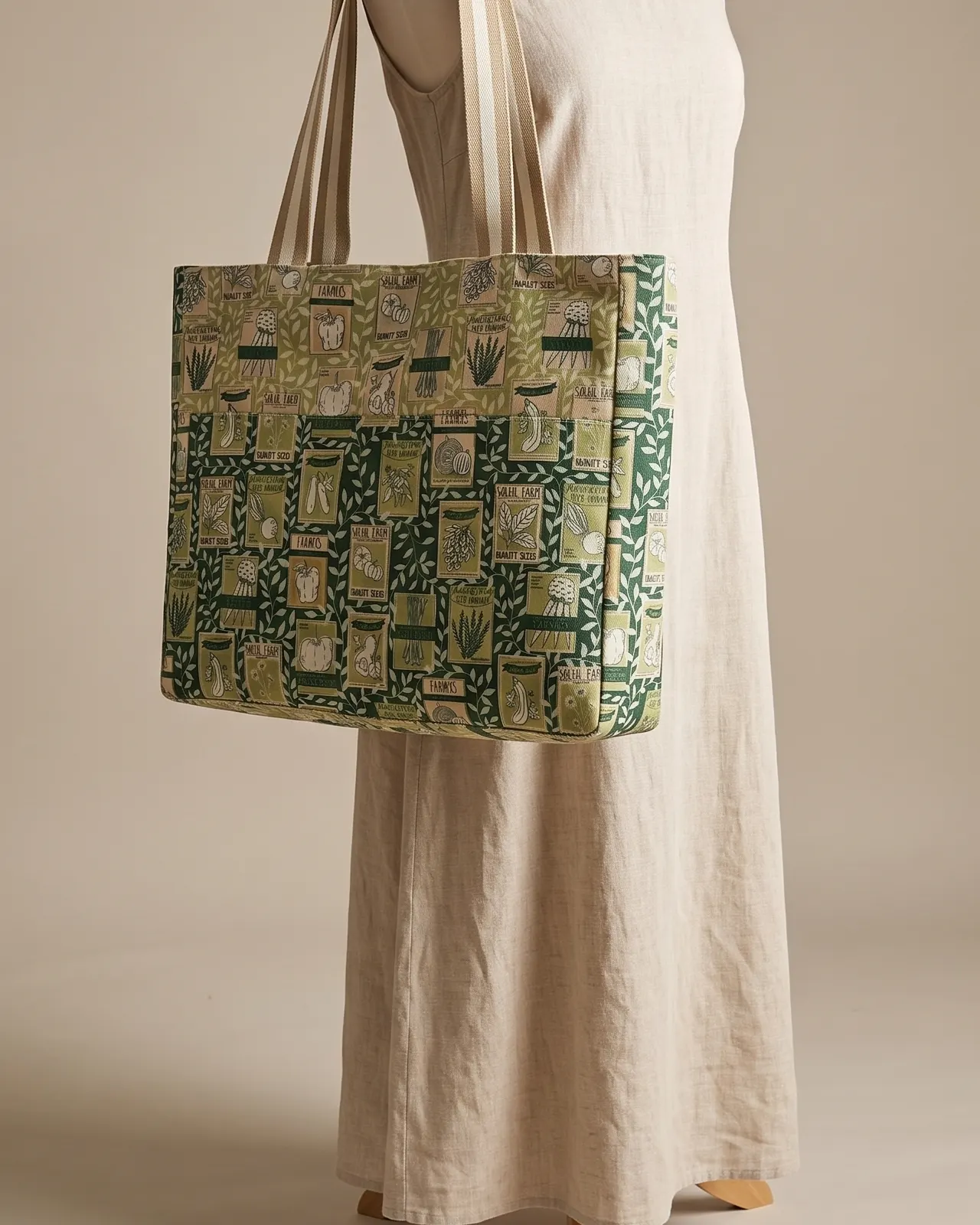 Large Tote Bag Zipper - Green Cream Seed Packets worn on the shoulder on a display form