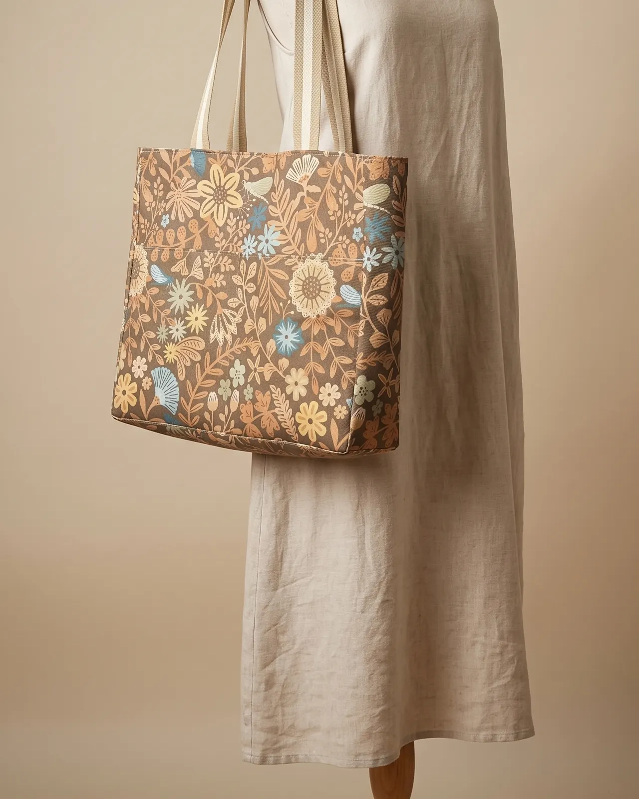 Large Tote Bag - Brown Flower Garden worn on the shoulder on a display form