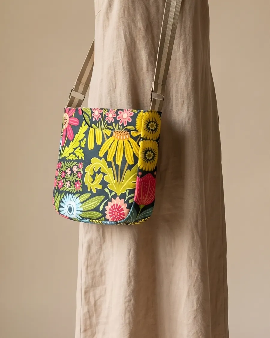 CrossBody Handbag - Black Flower Garden worn crossbody on a display form