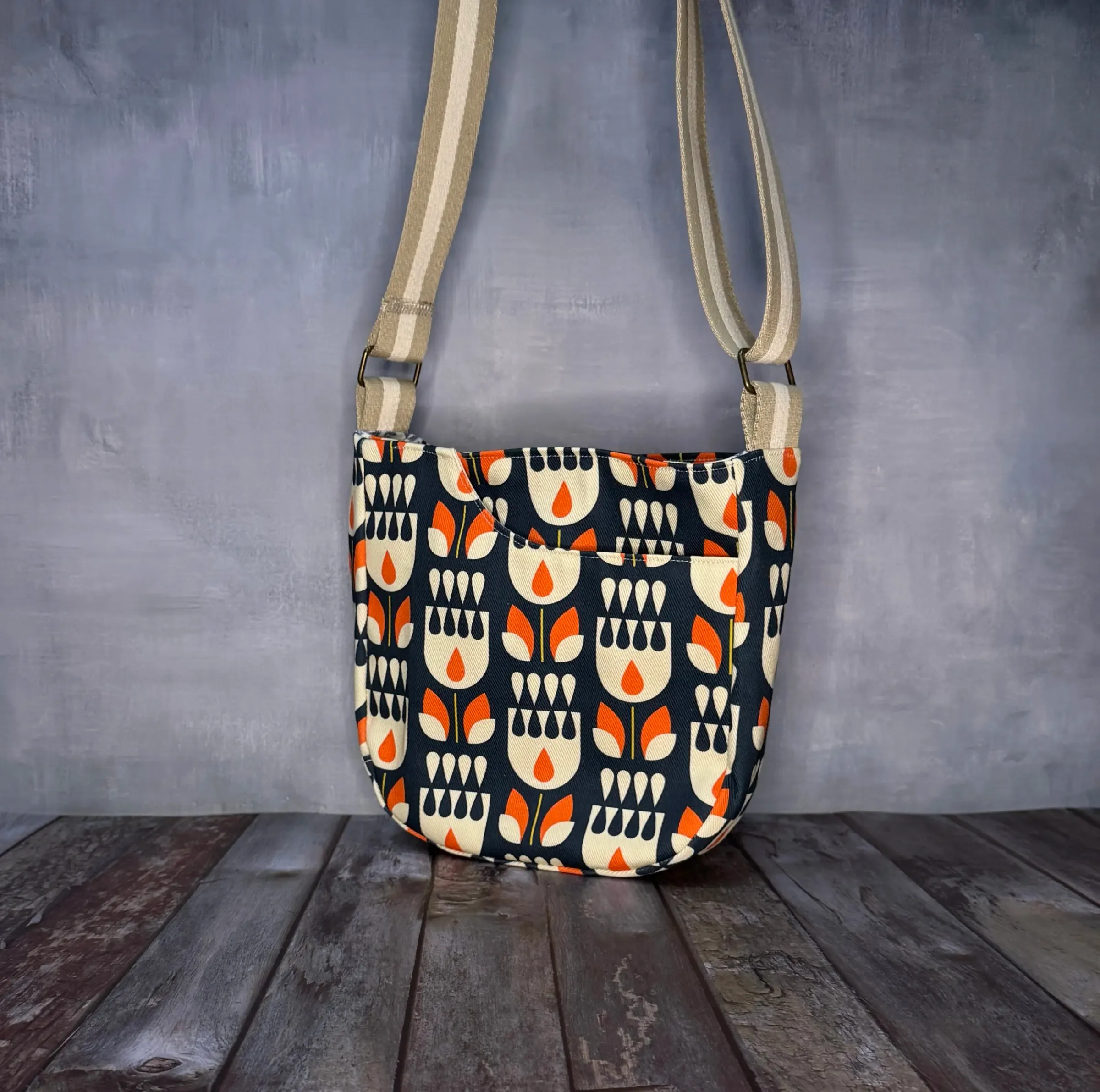 Cross Body Mini Tote - Navy Orange Tulip — handmade canvas bag, cut and sewn by hand in South Carolina