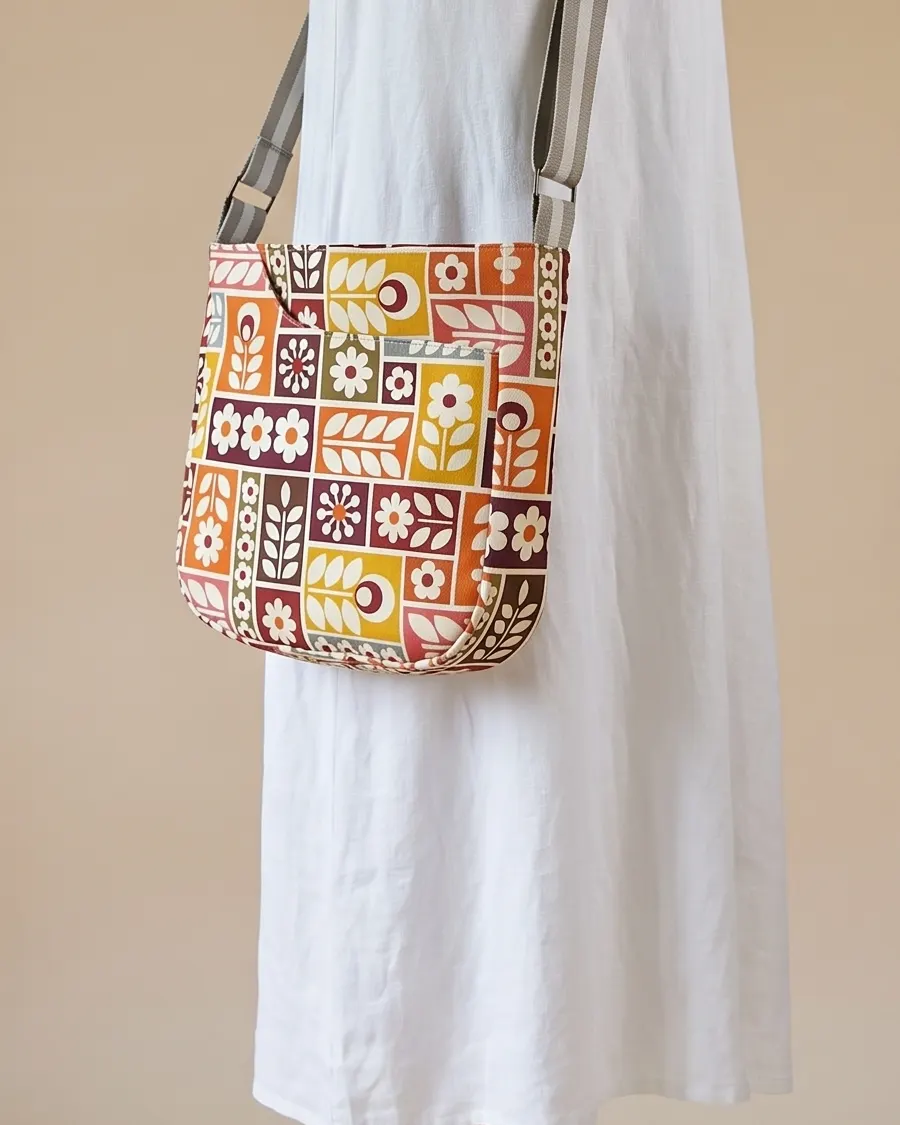 CrossBody Handbag - Orange Retro Daisy worn crossbody on a display form