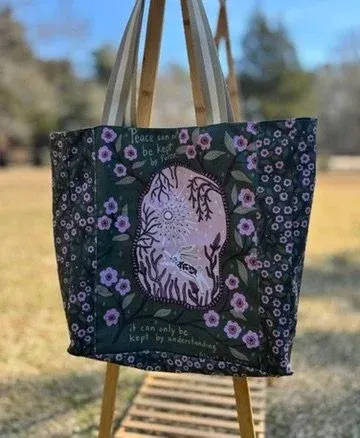 Large Tote Bag Zipper - Dark Green Purple Floral — handmade canvas bag, cut and sewn by hand in South Carolina