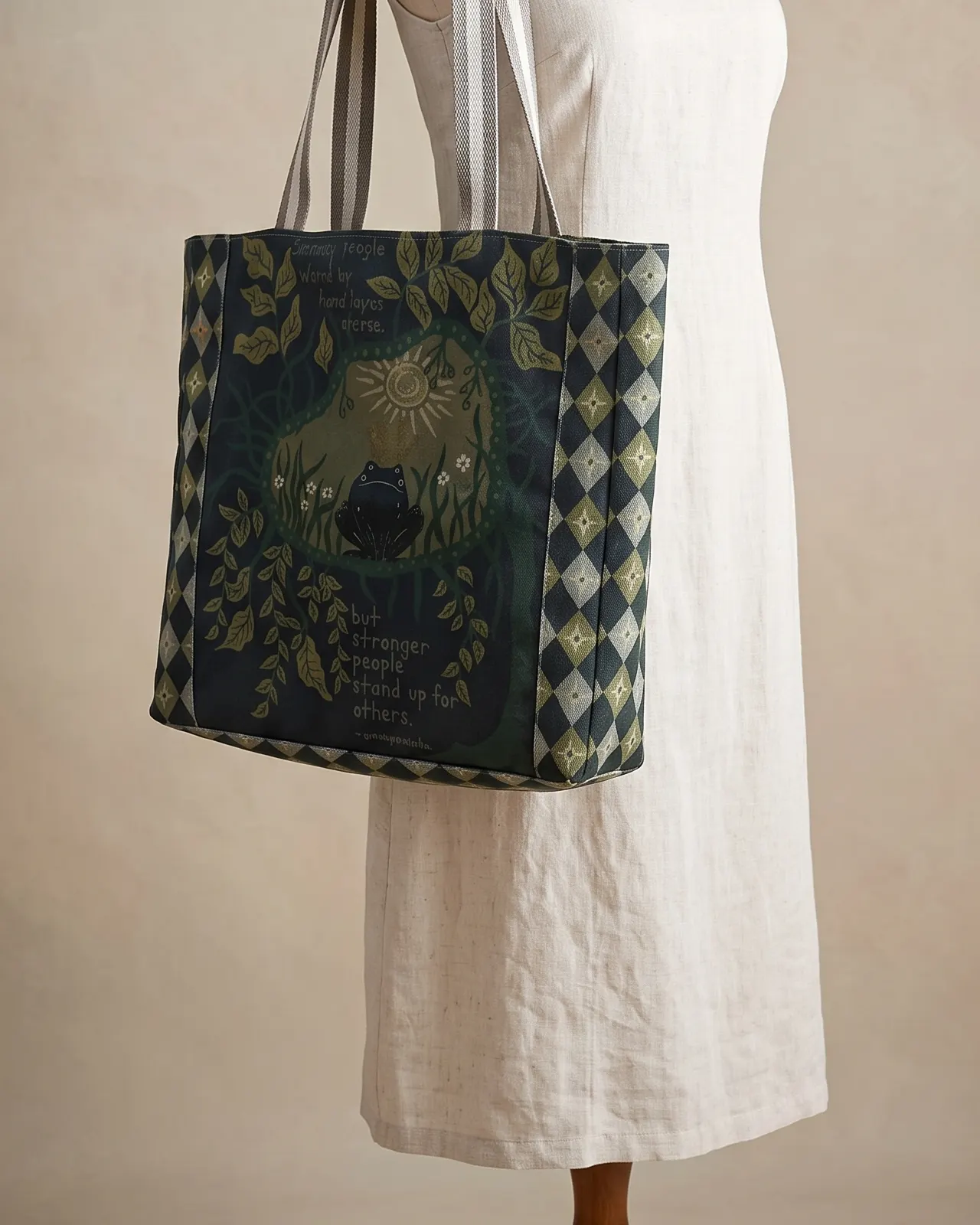 Large Tote Bag Zipper - Navy Green Botanical Panel worn on the shoulder on a display form