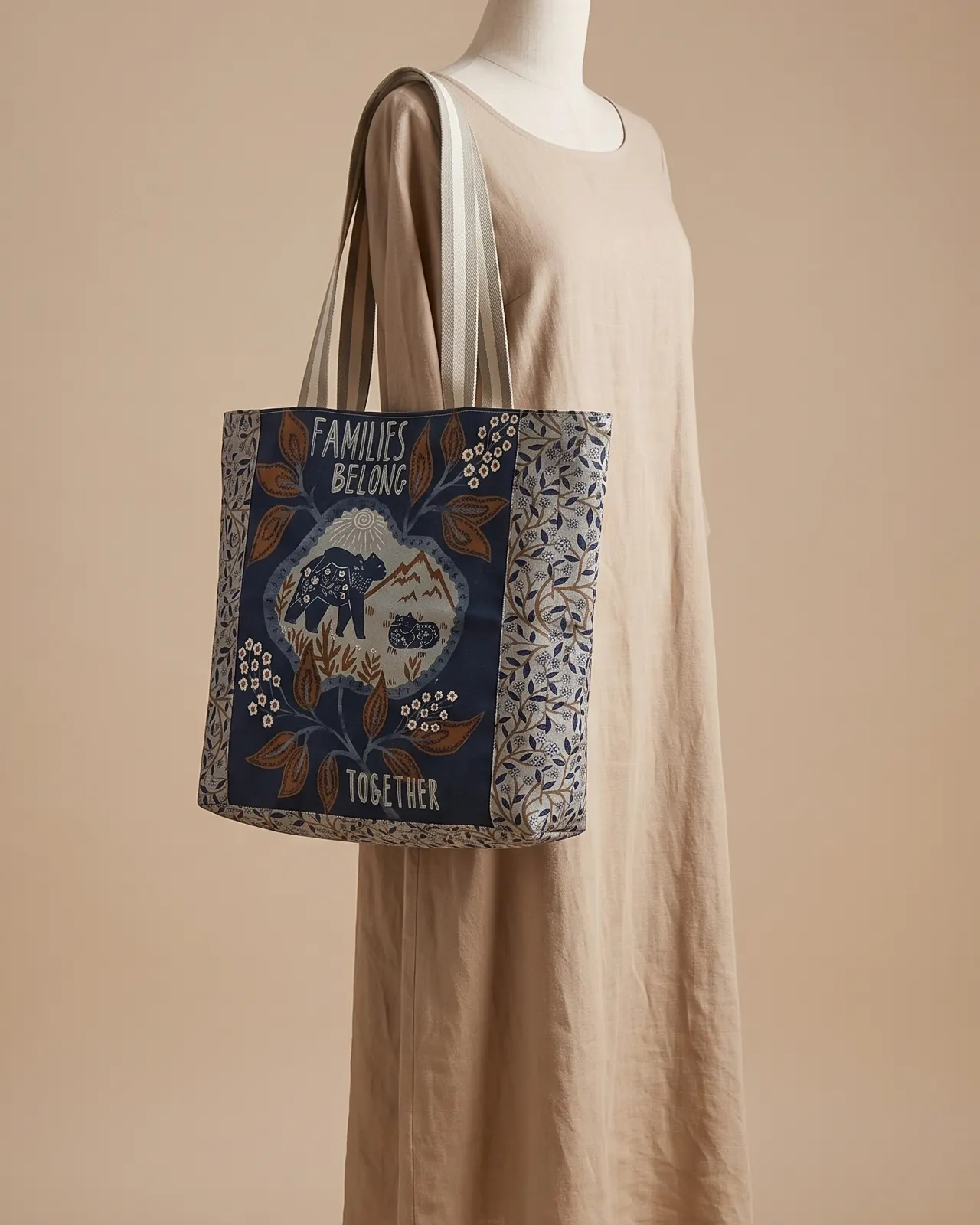 Large Tote Bag Zipper - Navy Bear Panel worn on the shoulder on a display form