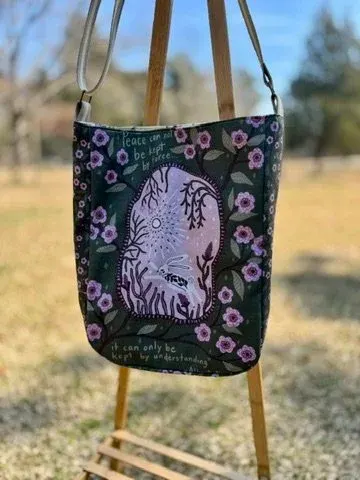 Large Crossbody Tote Bag - Green Purple Floral — handmade canvas bag, cut and sewn by hand in South Carolina