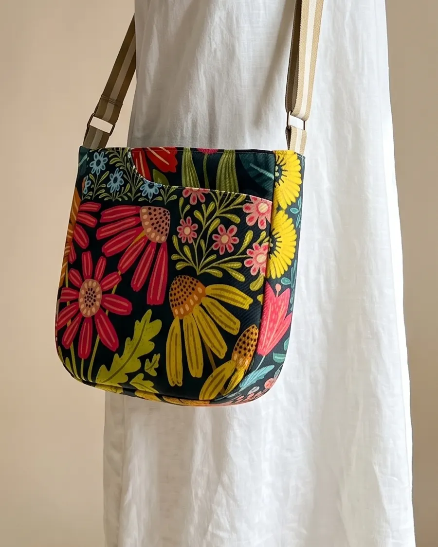 CrossBody Handbag - Black Coneflower worn crossbody on a display form