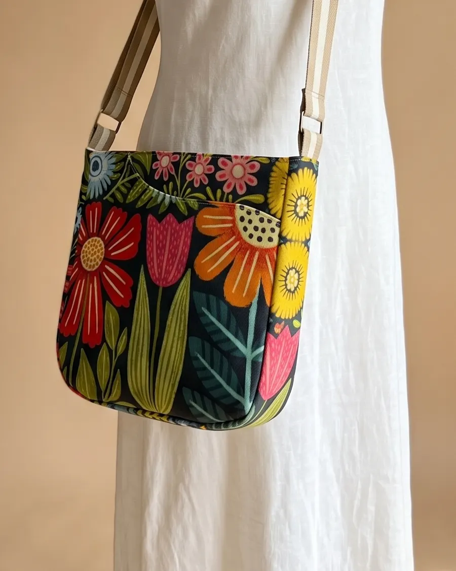 CrossBody Handbag - Large Black Flower Garden worn crossbody on a display form