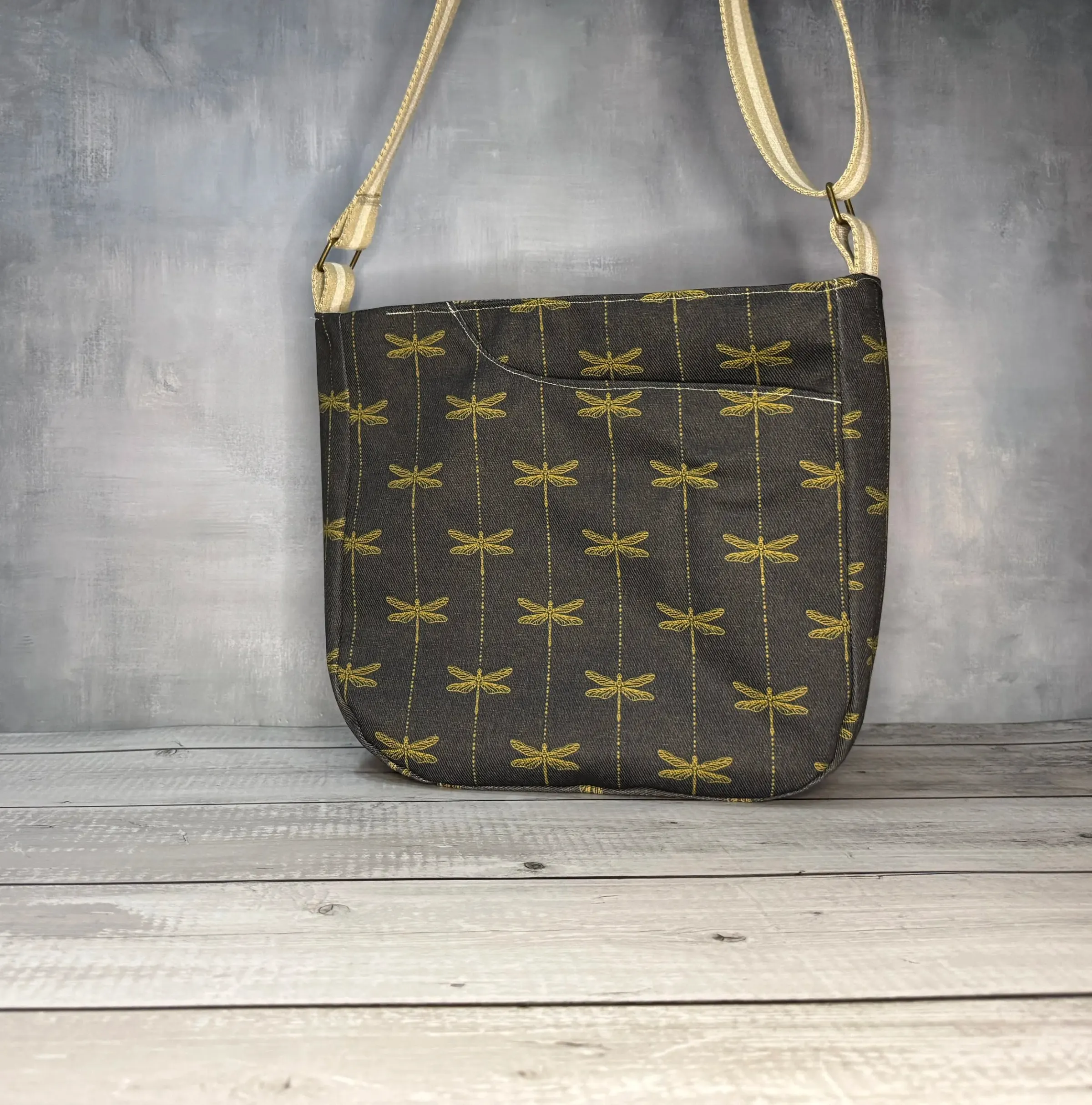 CrossBody Handbag - Charcoal Dragonfly — handmade canvas bag, cut and sewn by hand in South Carolina