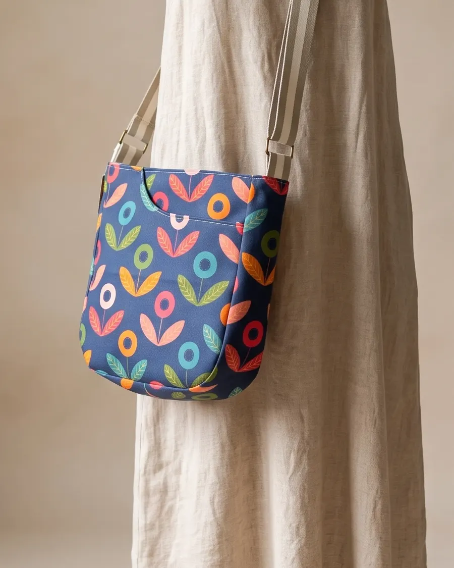CrossBody Handbag - Navy Mid Mod Floral worn crossbody on a display form