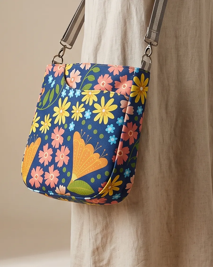 CrossBody Handbag - Navy Flower Garden worn crossbody on a display form