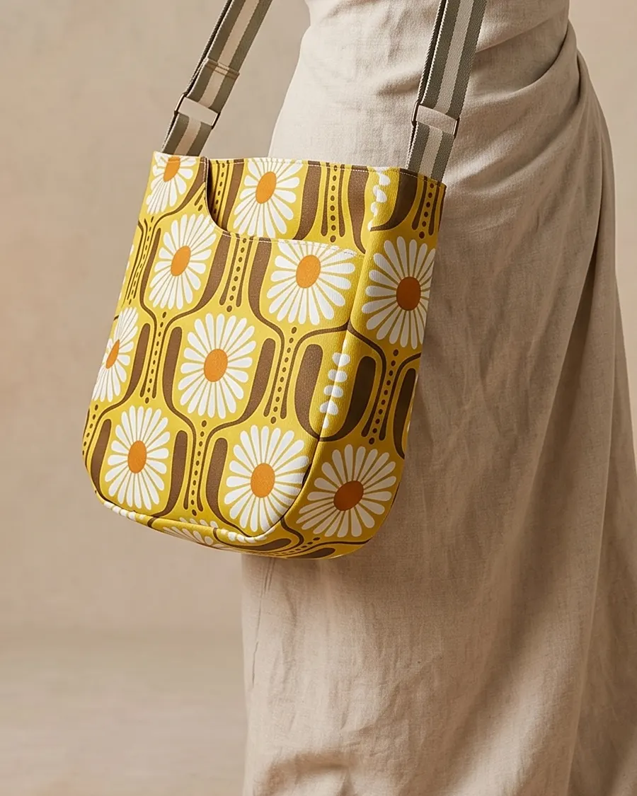 CrossBody Handbag - Mustard Retro Daisy worn crossbody on a display form