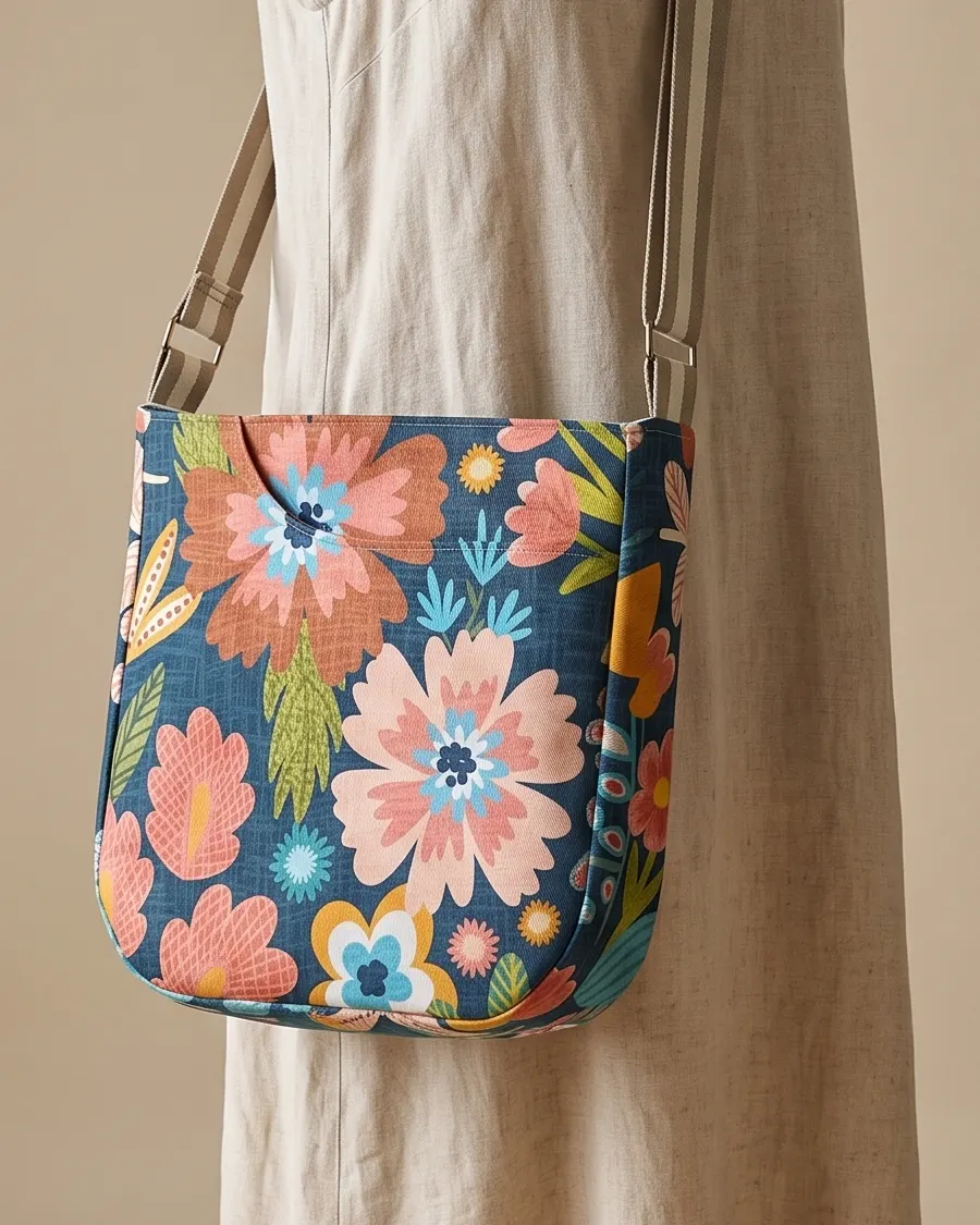 CrossBody Handbag - Navy Floral worn crossbody on a display form