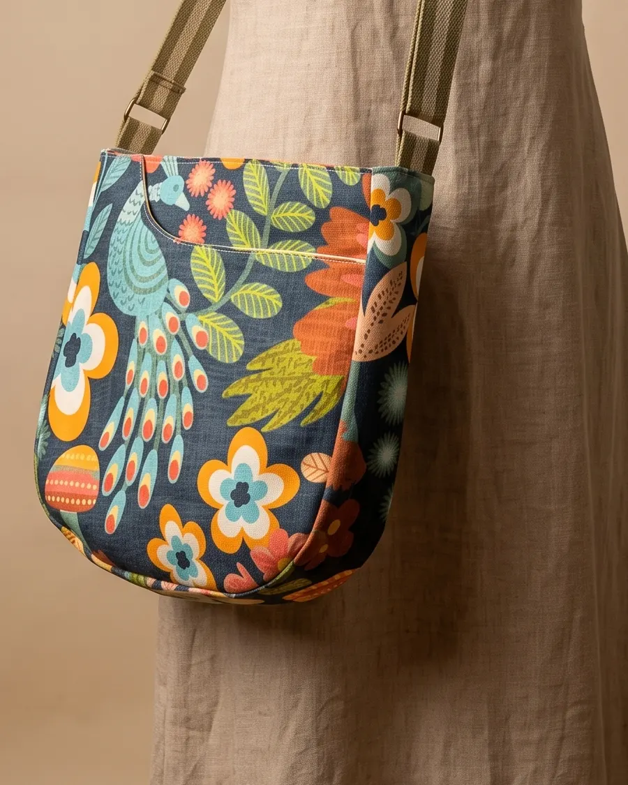 CrossBody Handbag - Orange Navy Peacock Floral worn crossbody on a display form