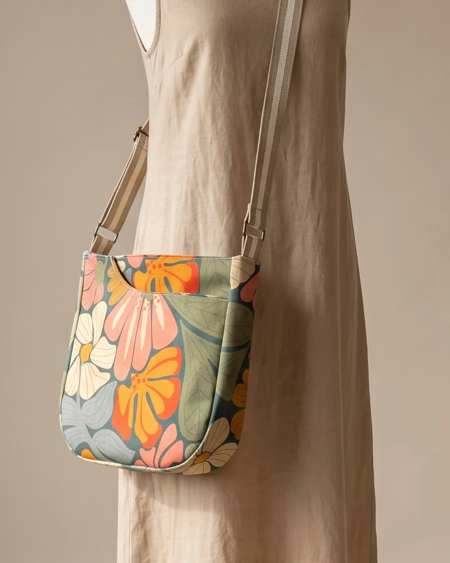 CrossBody Handbag - Sage Retro Floral worn crossbody on a display form
