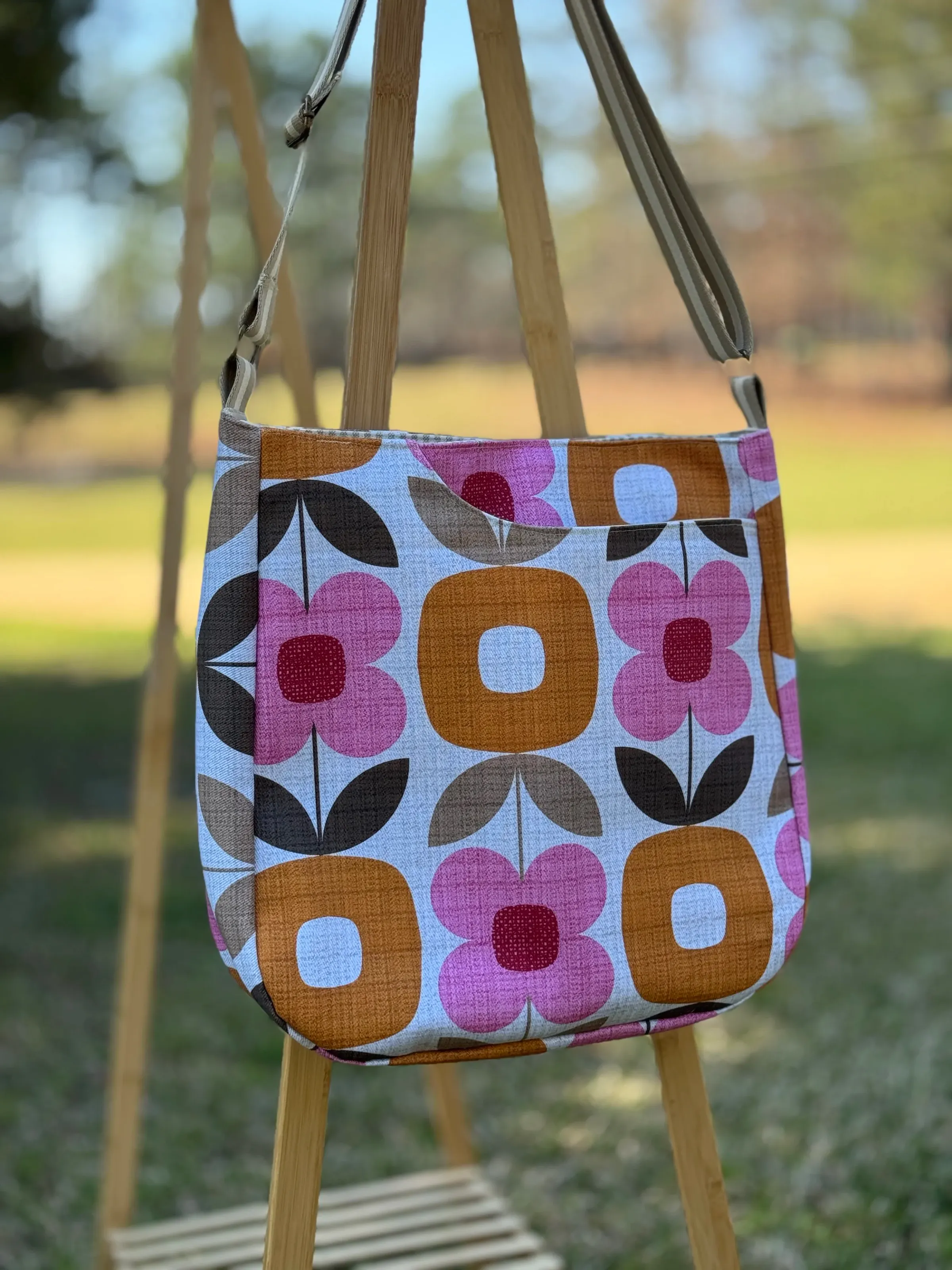 Large Crossbody Tote Bag - White Retro Floral — handmade canvas bag, cut and sewn by hand in South Carolina