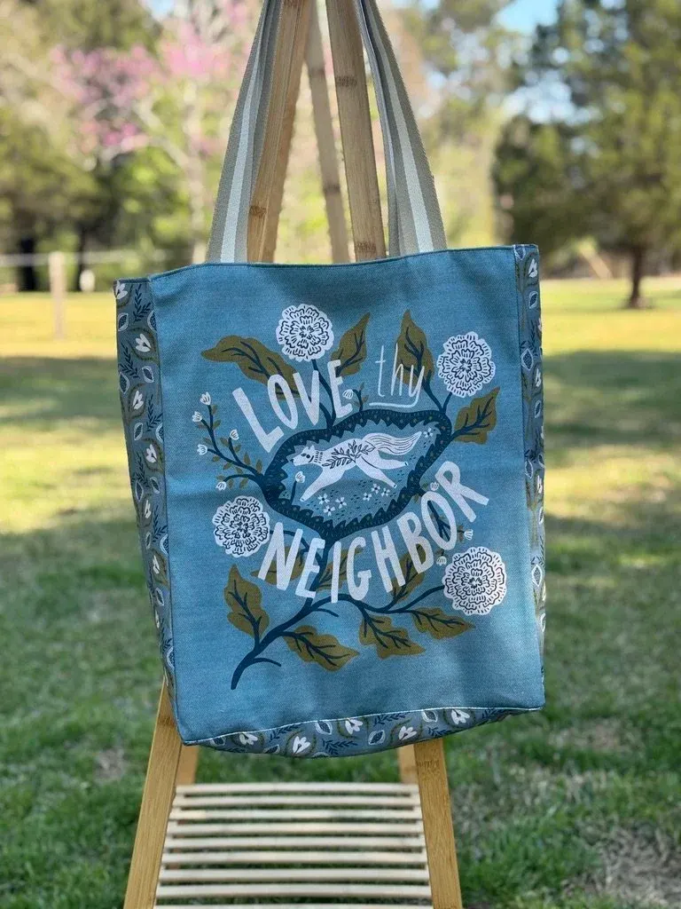 Medium Tote Bag - Blue Folk Statement — handmade canvas bag, cut and sewn by hand in South Carolina