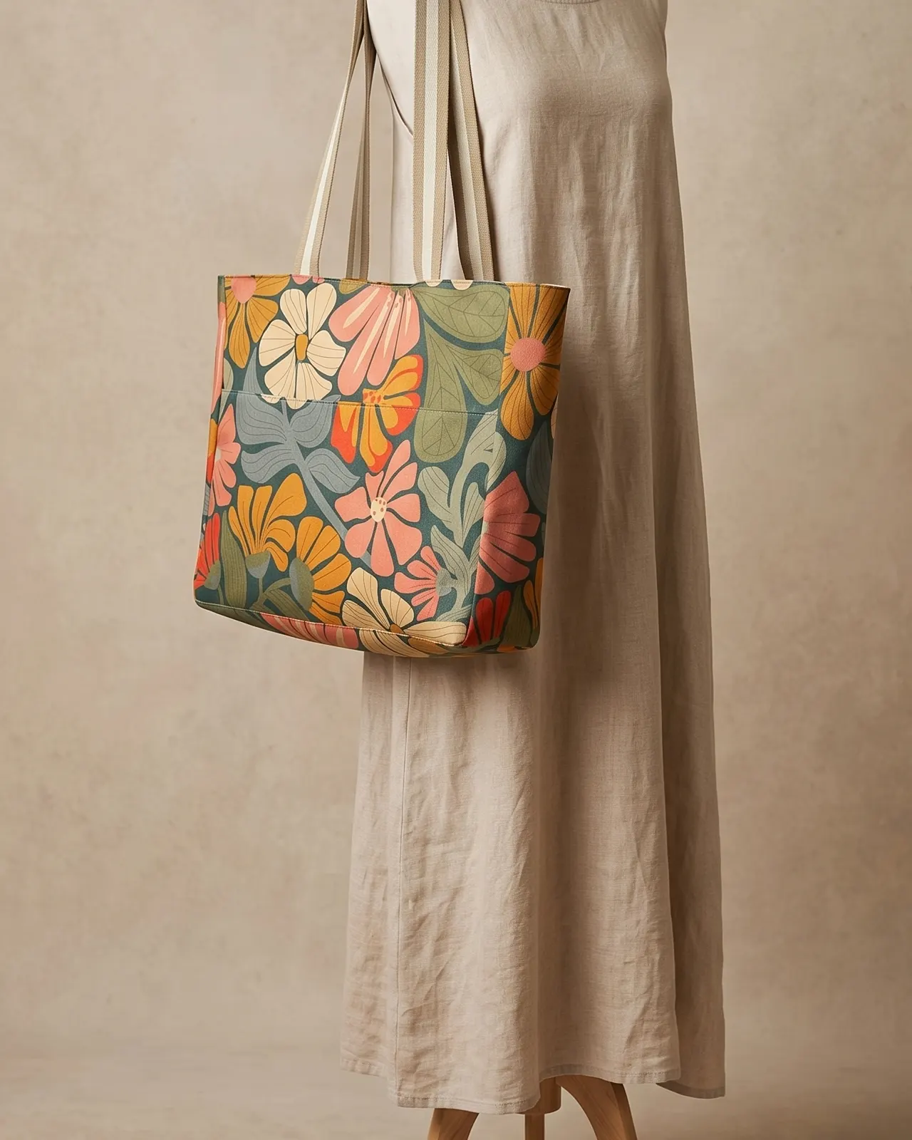 Large Tote Bag Zipper - Teal Retro Floral worn on the shoulder on a display form