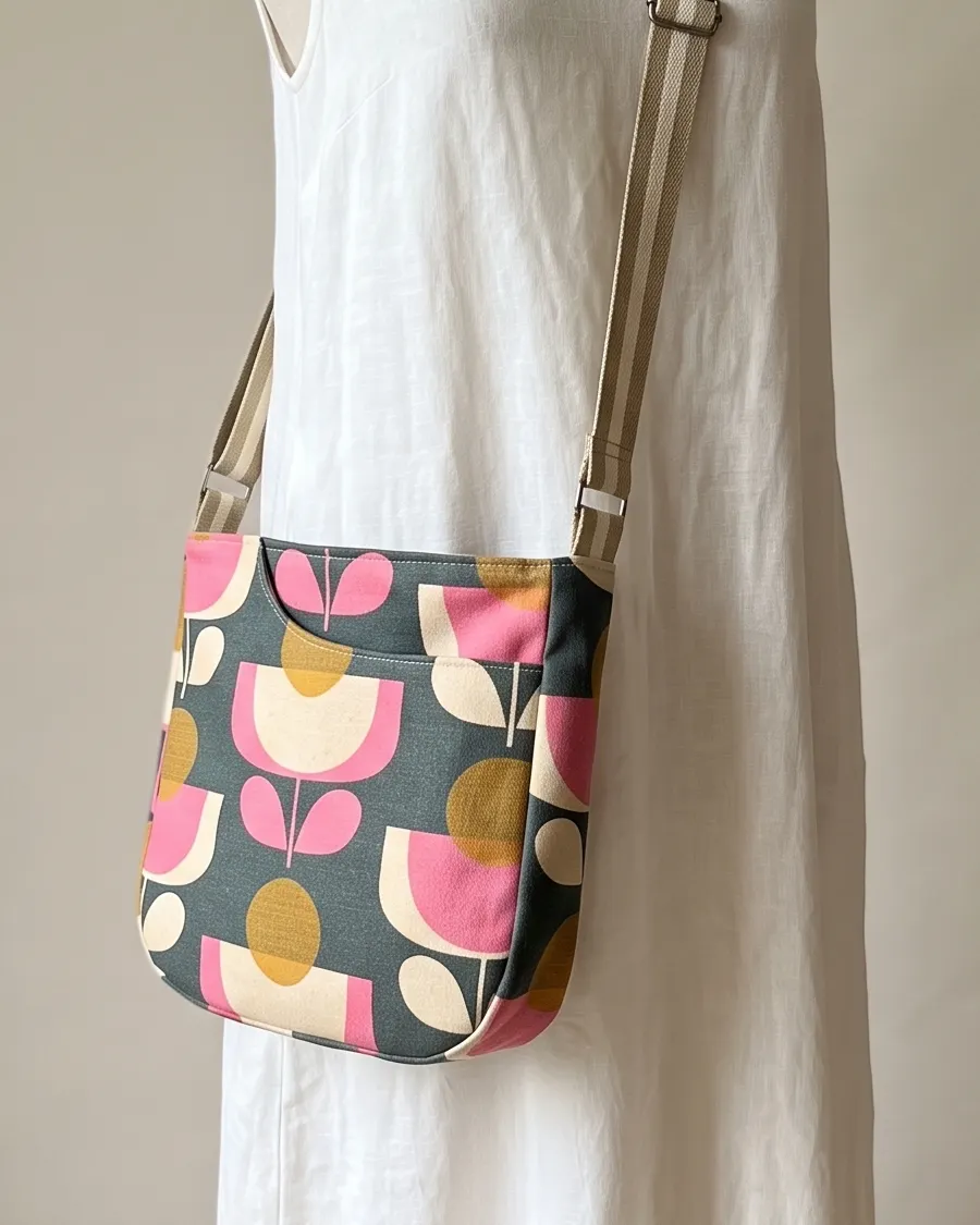 CrossBody Handbag - Charcoal Mid Mod Tulip worn crossbody on a display form