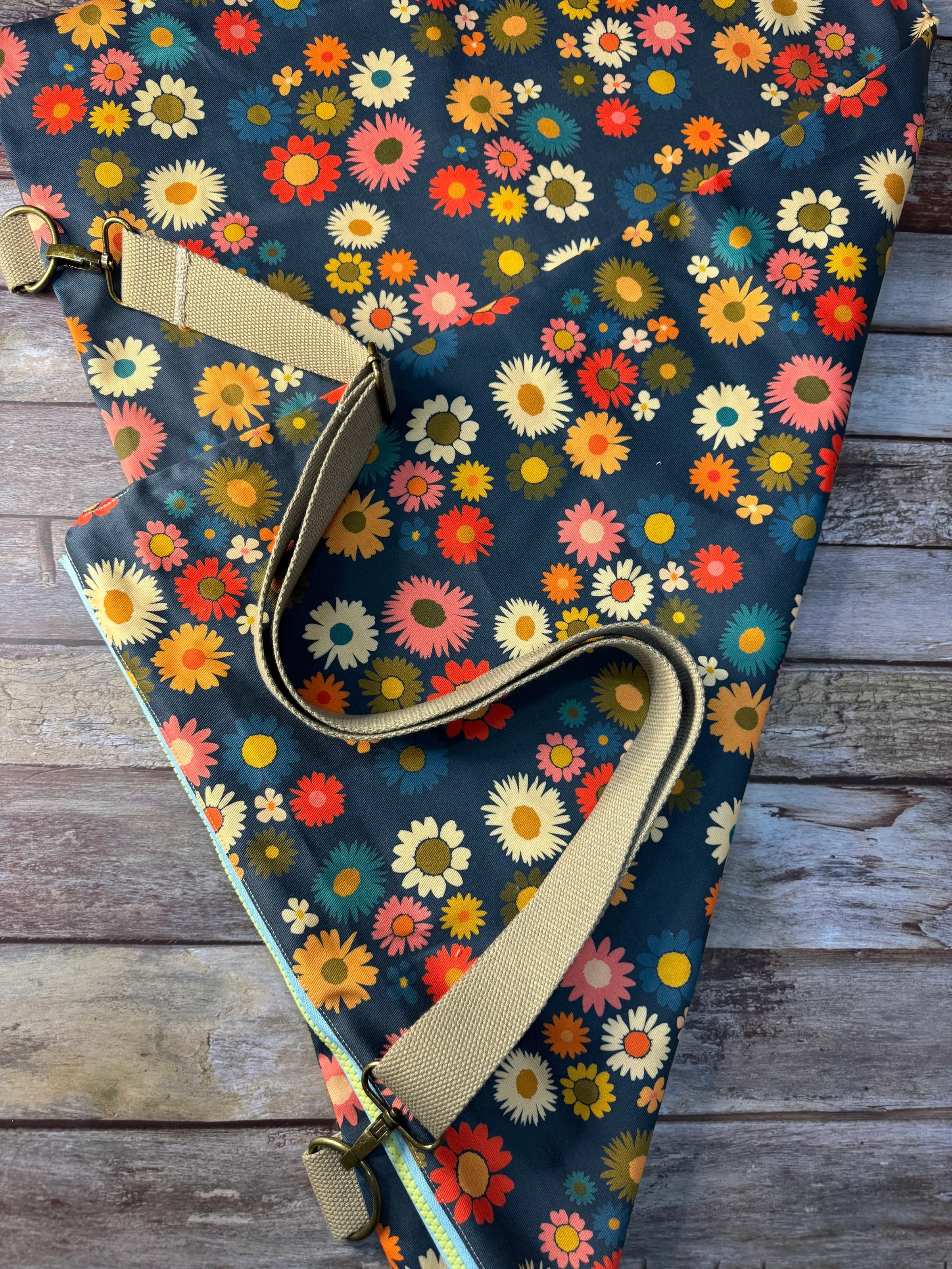Travel Pillow Bag - Navy Retro Daisy — handmade canvas bag, cut and sewn by hand in South Carolina