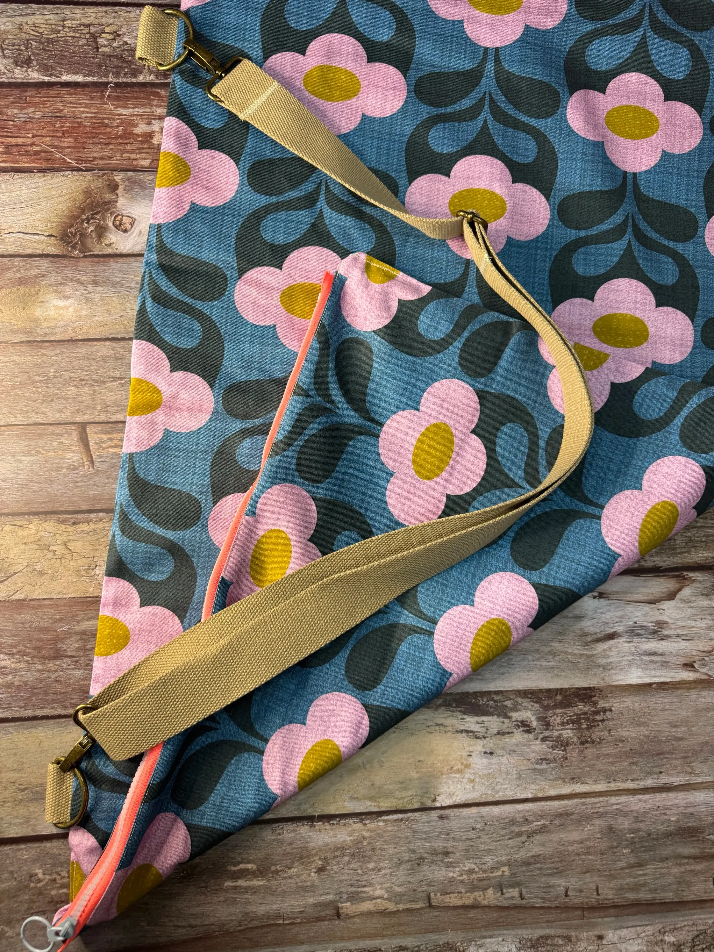 Travel Pillow Bag - Teal Pink Retro Floral — handmade canvas bag, cut and sewn by hand in South Carolina