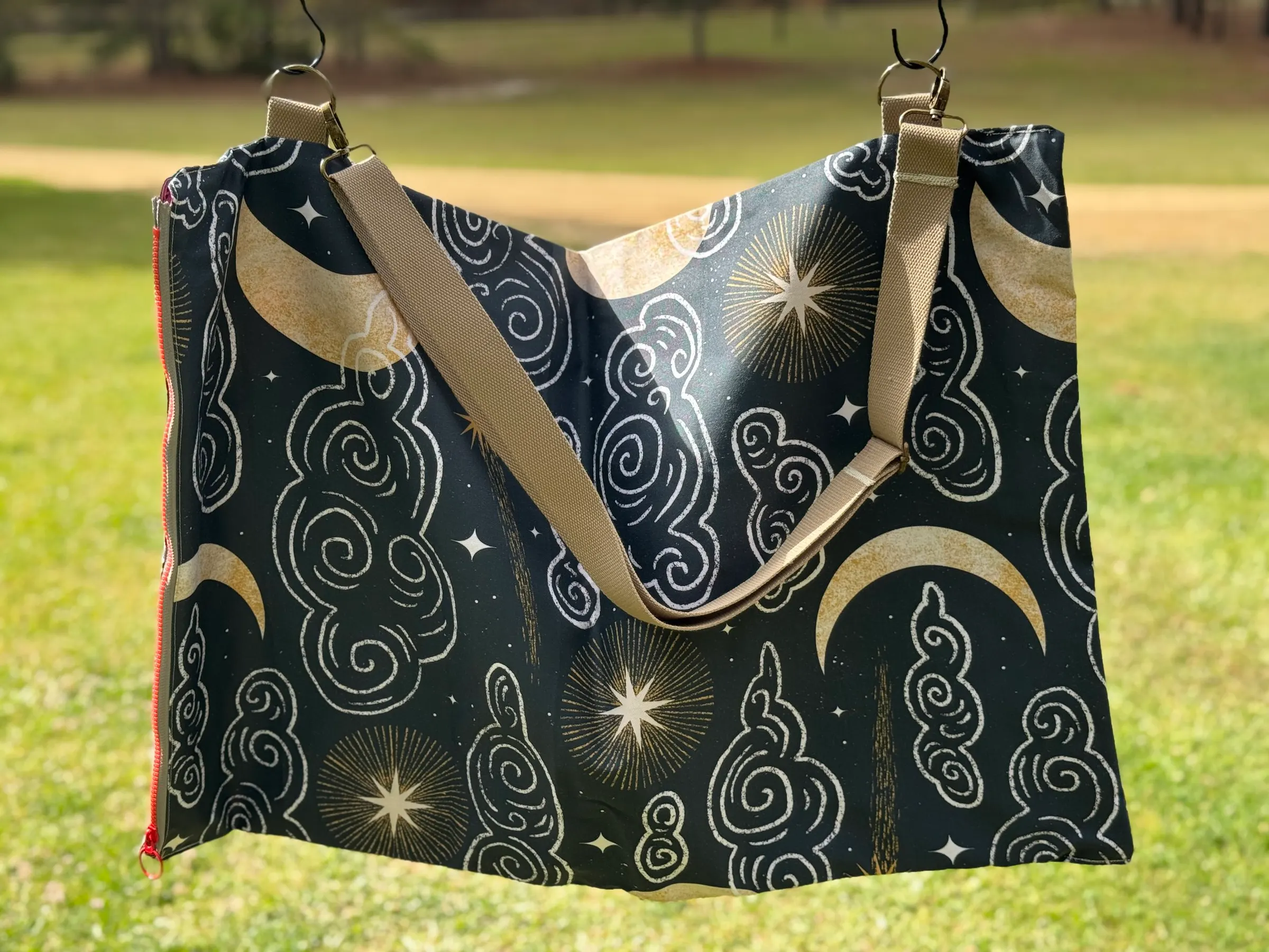 Travel Pillow Bag - Black Moon Stars — handmade canvas bag, cut and sewn by hand in South Carolina