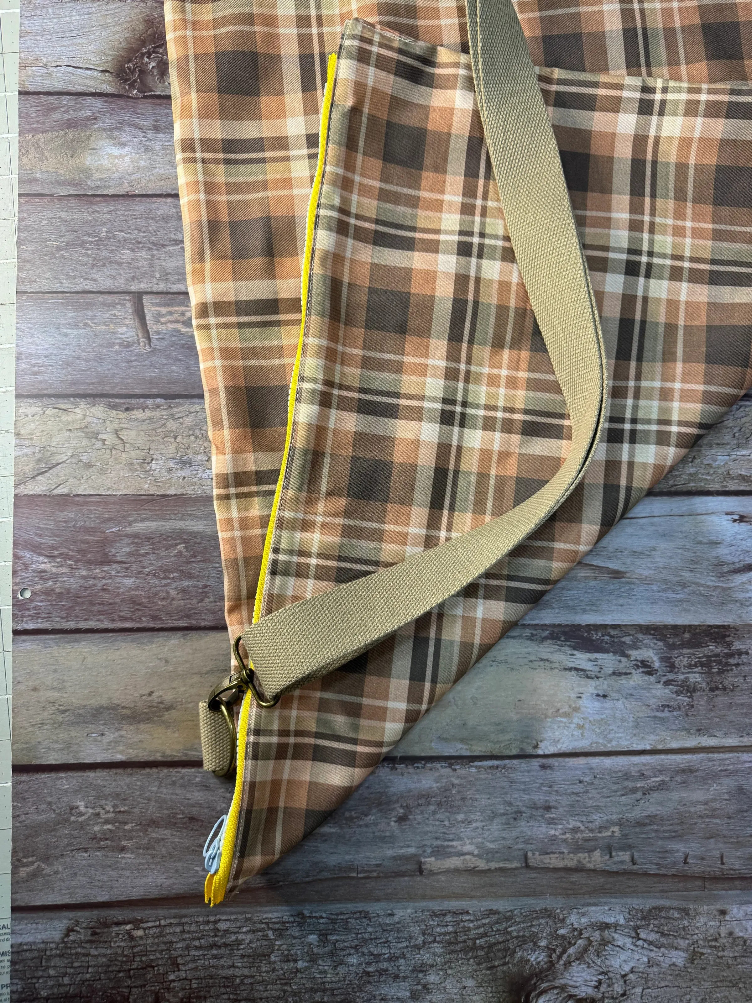 Travel Pillow Bag - Brown Tan Plaid — handmade canvas bag, cut and sewn by hand in South Carolina