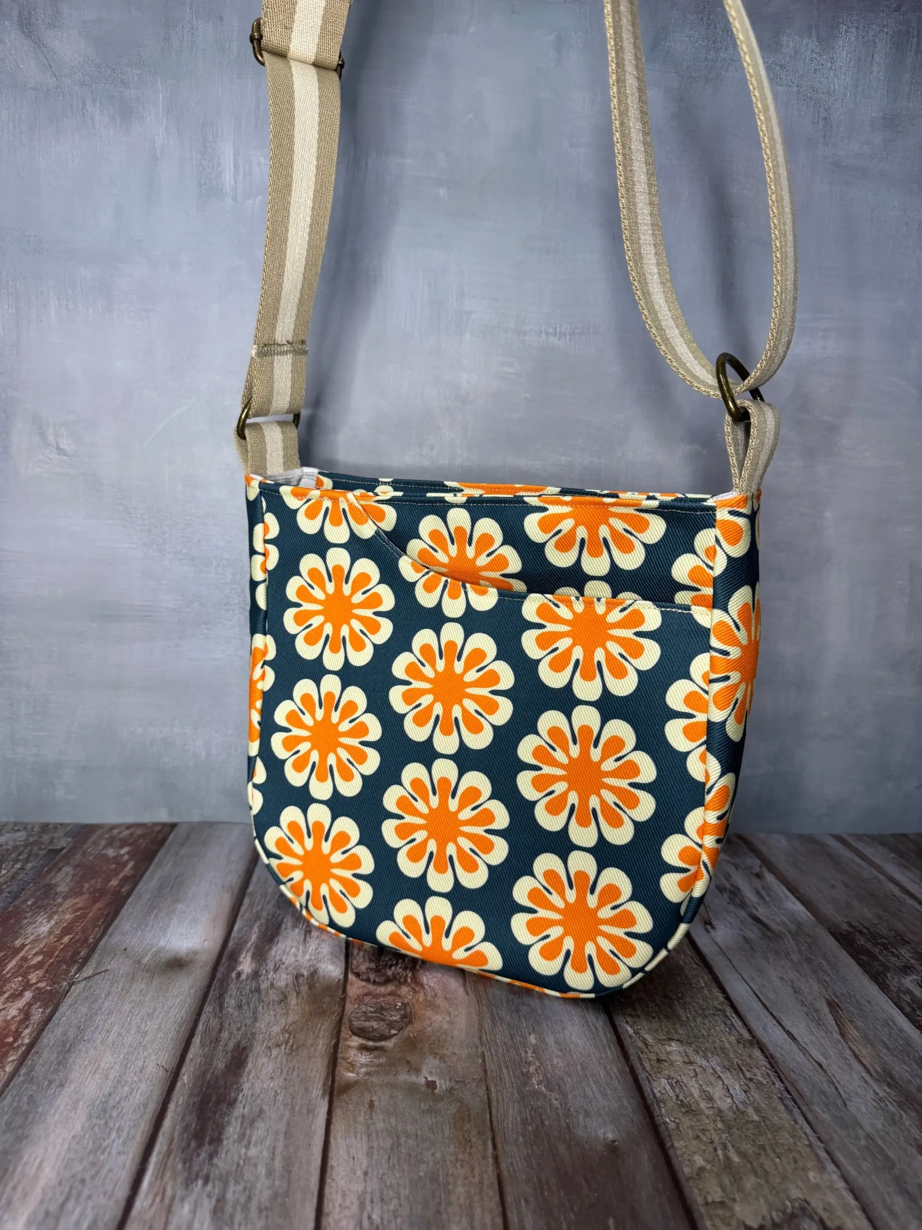 Cross Body Mini Tote - Blue & Orange Vintage — handmade canvas bag, cut and sewn by hand in South Carolina