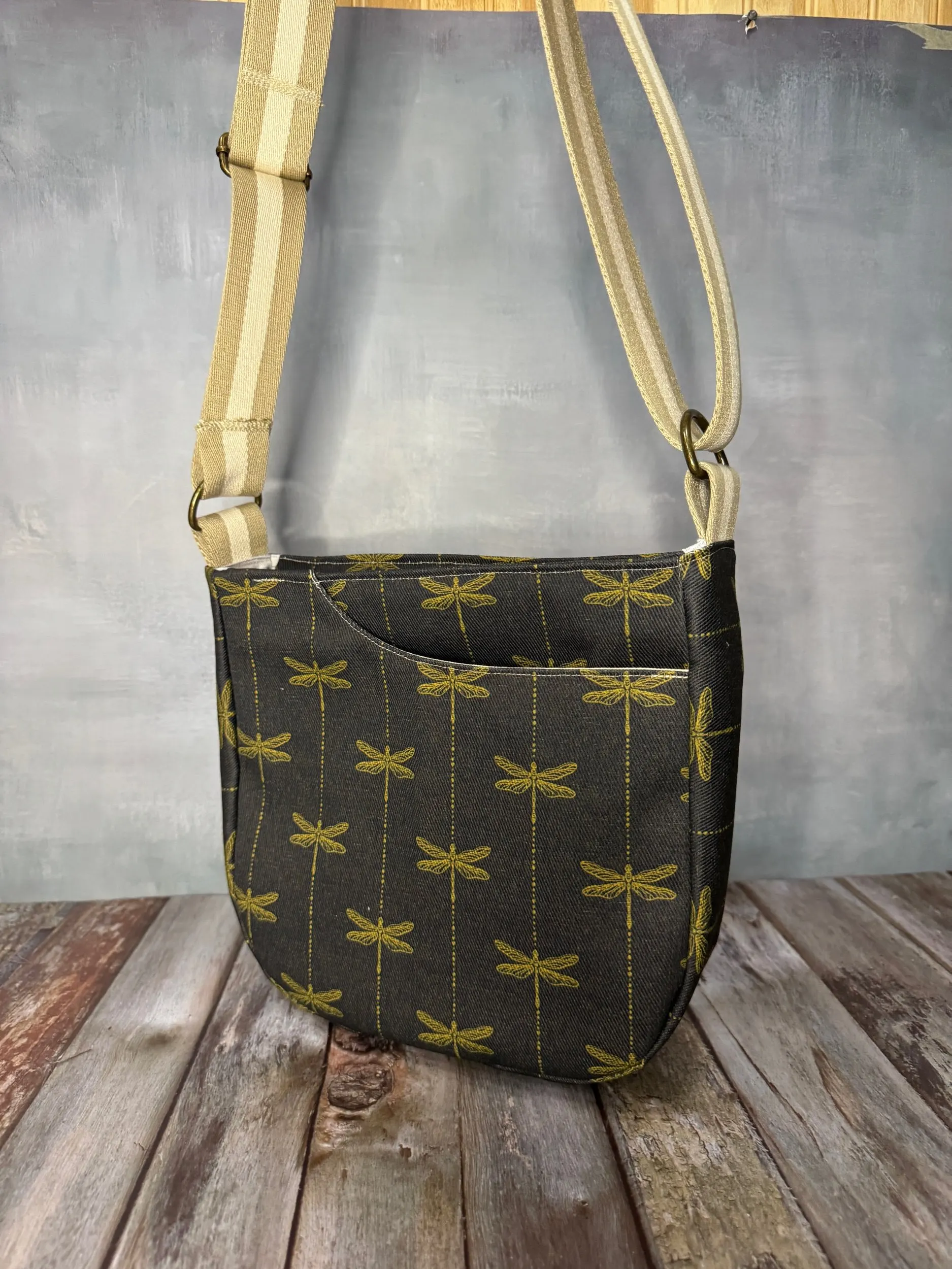 Cross Body Mini Tote - Charcoal Gold Dragonfly — handmade canvas bag, cut and sewn by hand in South Carolina