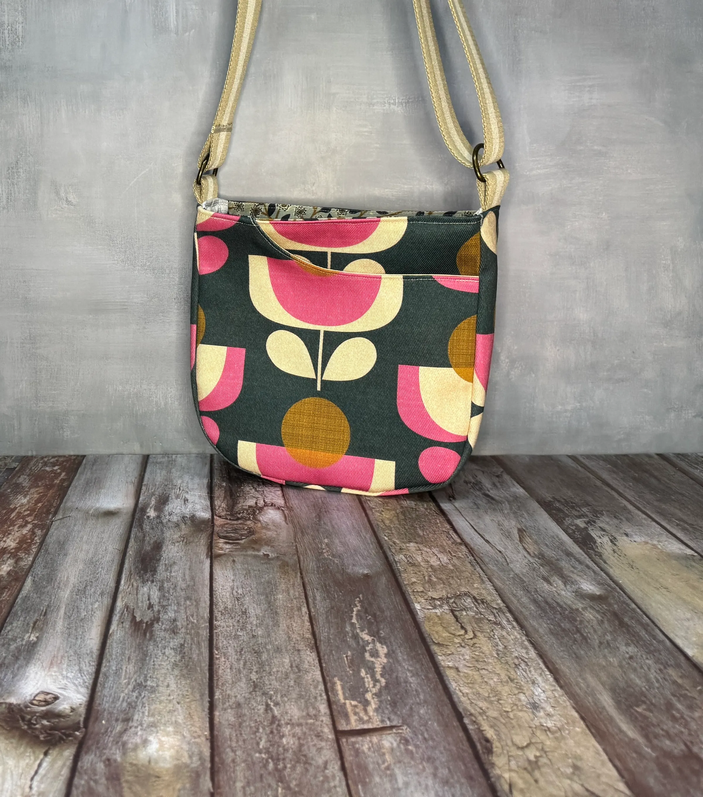 Cross Body Mini Tote - Green Pink Tulip — handmade canvas bag, cut and sewn by hand in South Carolina