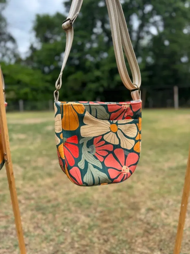 Cross Body Mini Tote - Teal Retro Floral — handmade canvas bag, cut and sewn by hand in South Carolina