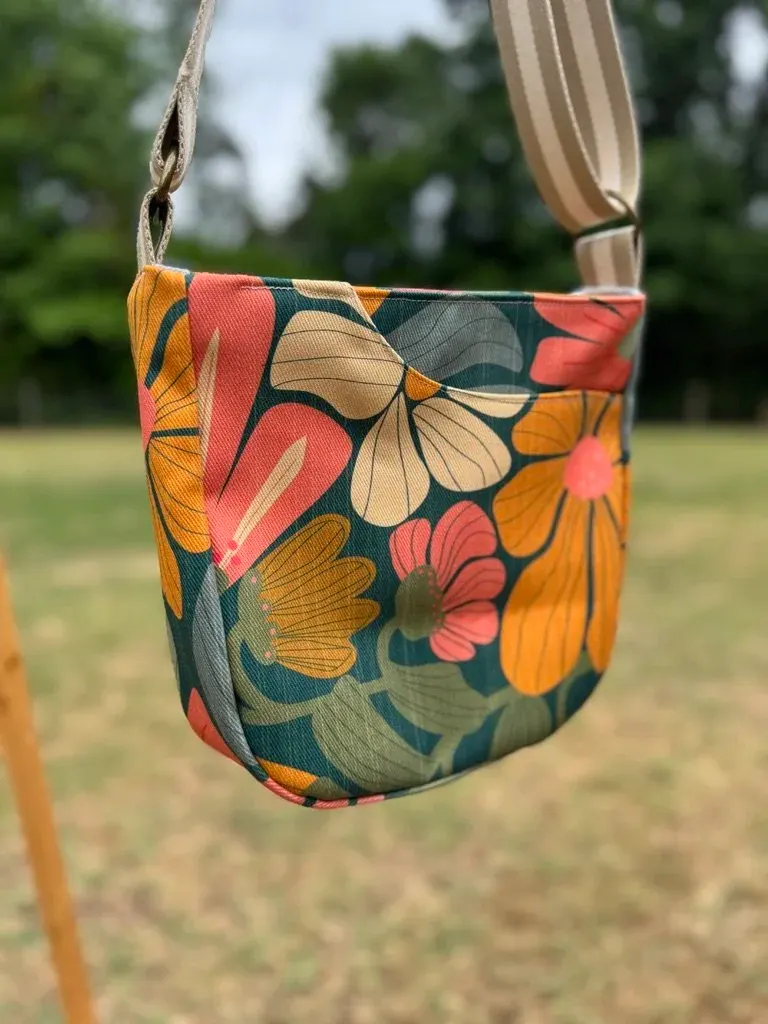 Cross Body Mini Tote - Large Teal Retro Floral — handmade canvas bag, cut and sewn by hand in South Carolina