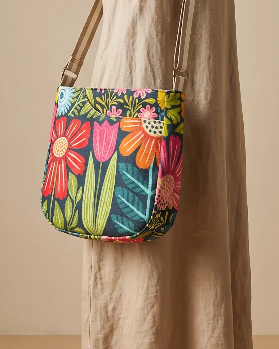 CrossBody Handbag - Large Navy Flower Garden worn crossbody on a display form