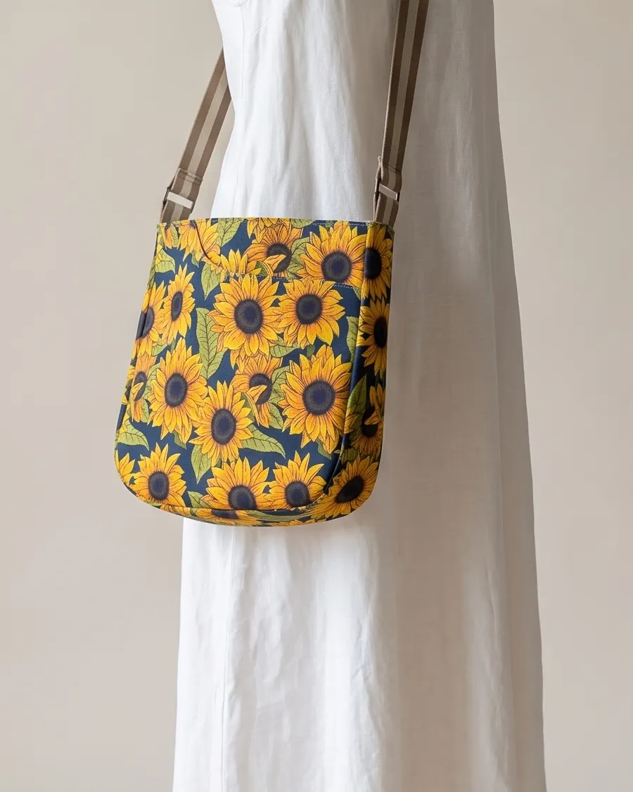 CrossBody Handbag - Navy Sunflowers worn crossbody on a display form
