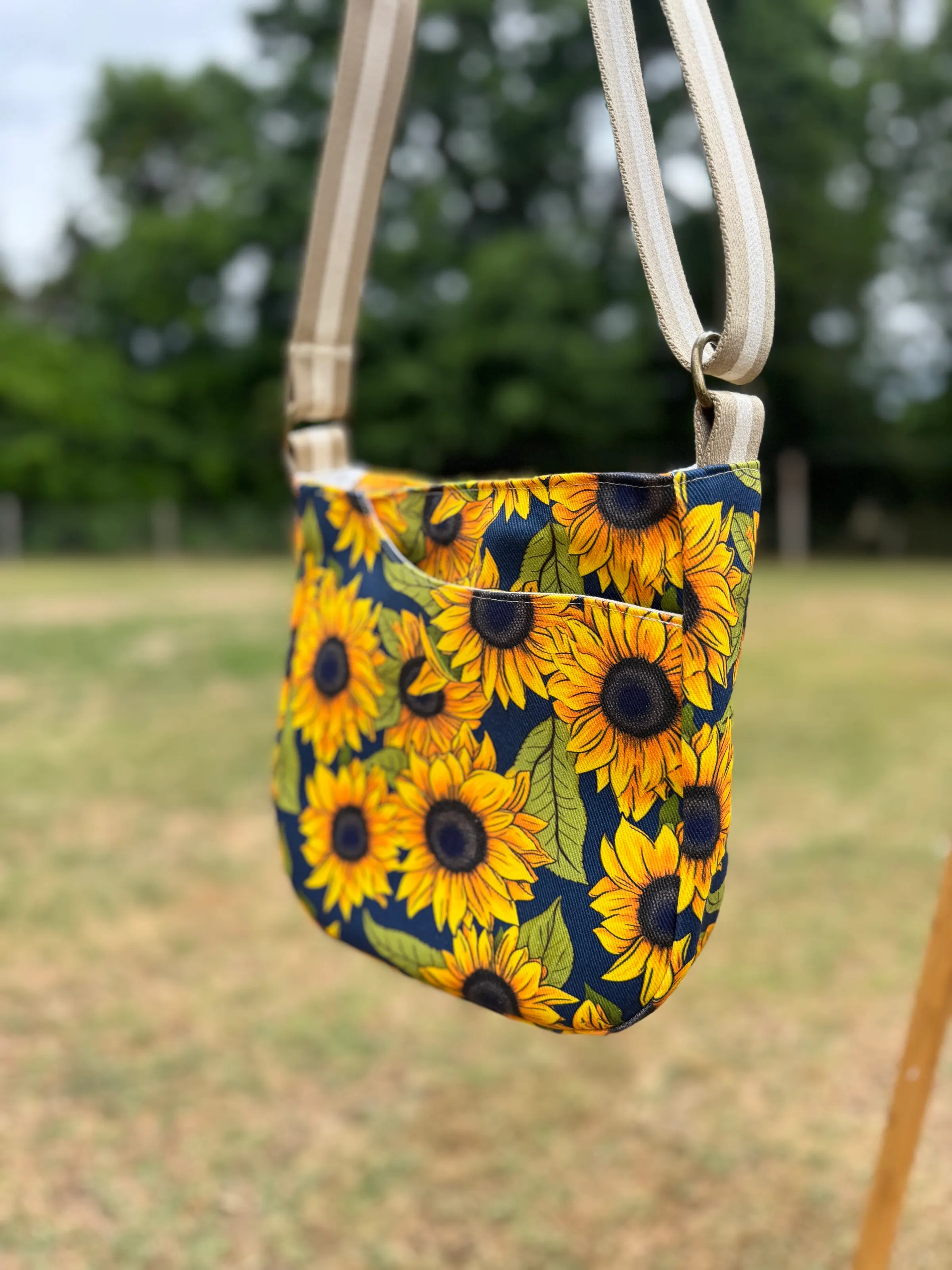 Cross Body Mini Tote - Navy Sunflowers — handmade canvas bag, cut and sewn by hand in South Carolina