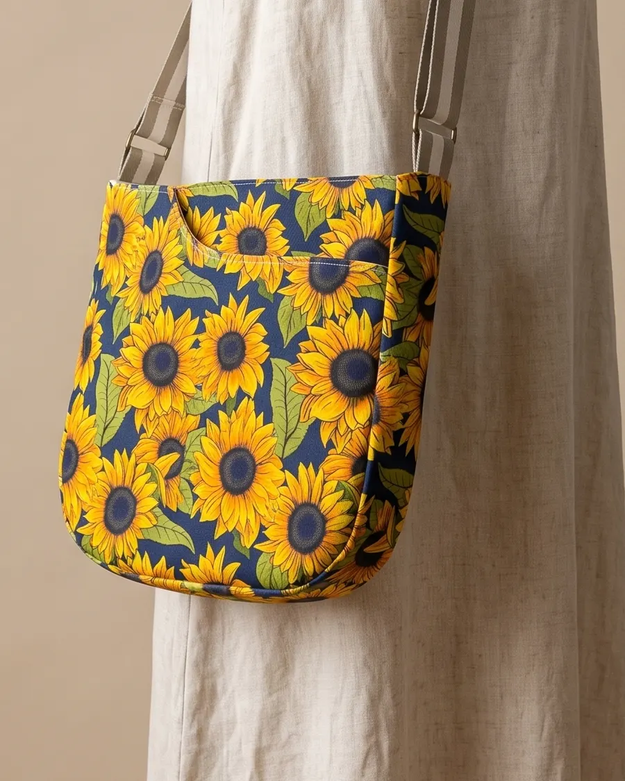 CrossBody Handbag - Large Navy Sunflowers worn crossbody on a display form