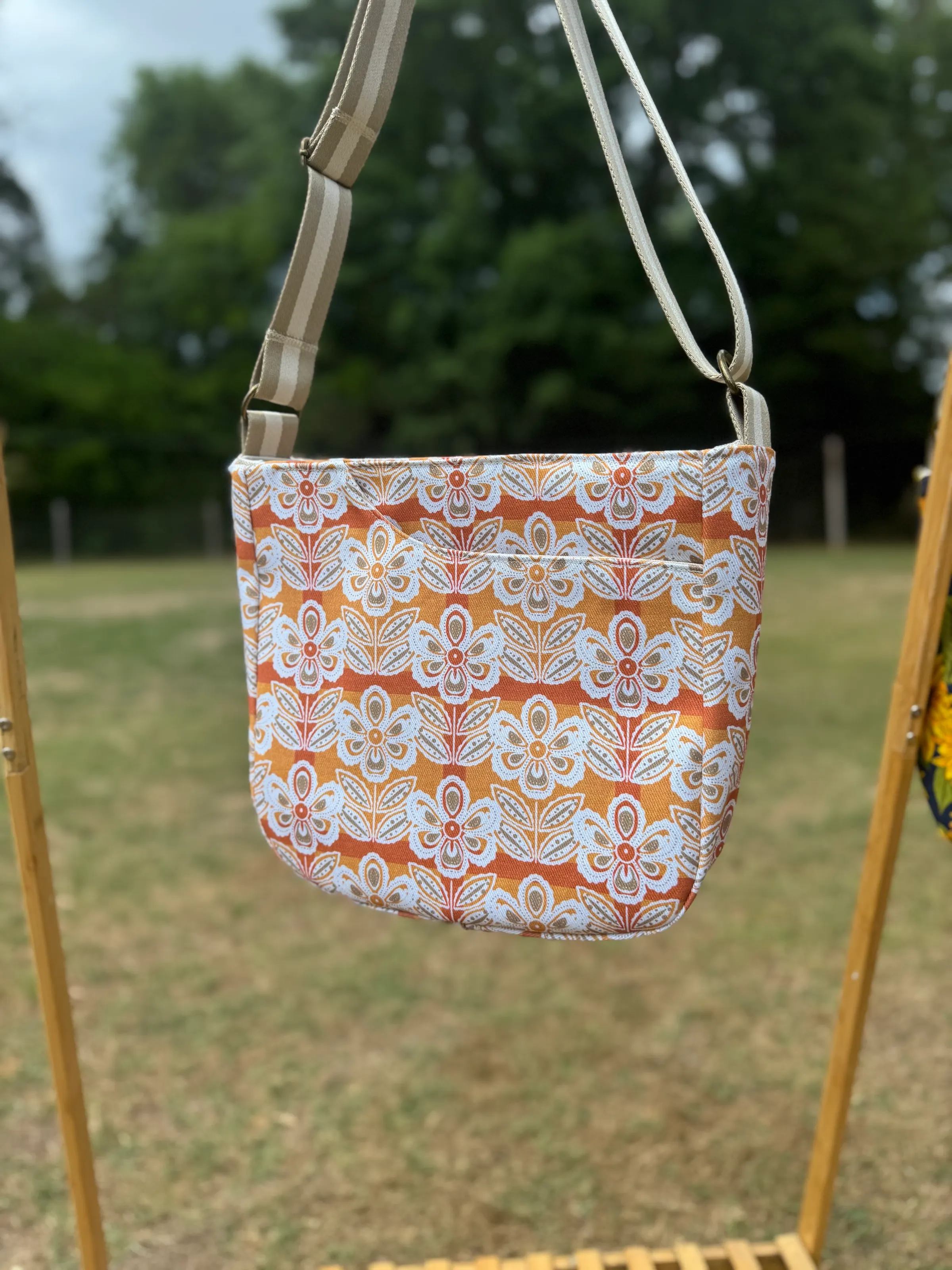 CrossBody Handbag - Orange Vintage Floral — handmade canvas bag, cut and sewn by hand in South Carolina