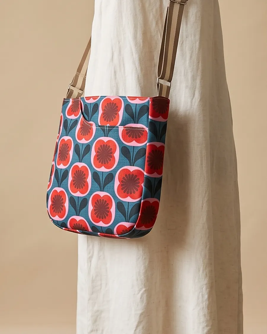 CrossBody Handbag - Teal Red Mid Mod Floral worn crossbody on a display form